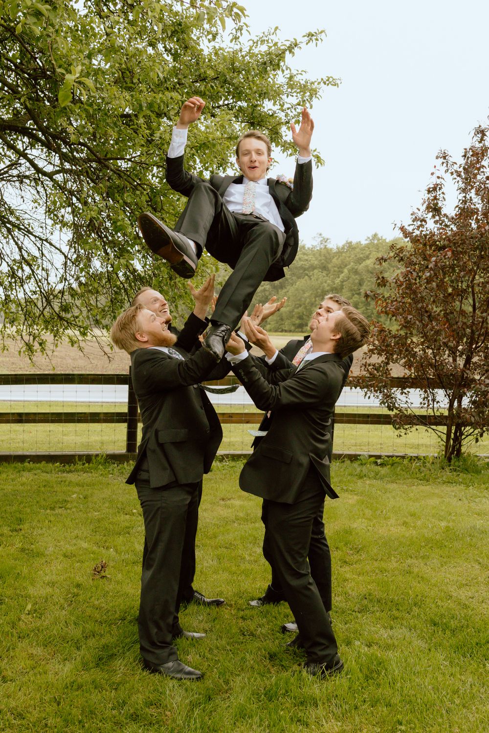 Groomsmen tossing groom into the air outdoors in black suits, celebrating with joy on a green lawn.