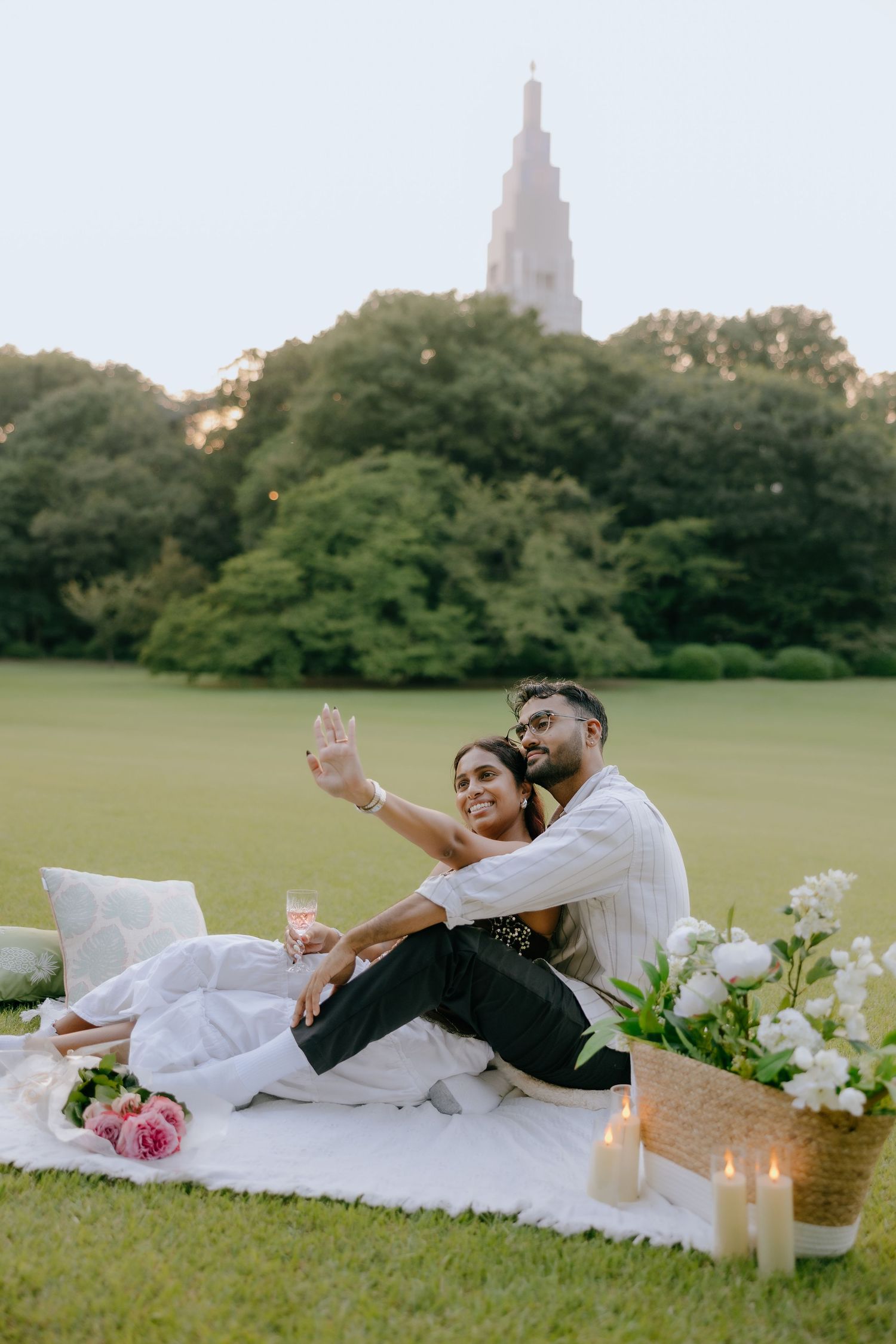 Post engagement picnic photoshoot at Shinjuku Gyoen national garden