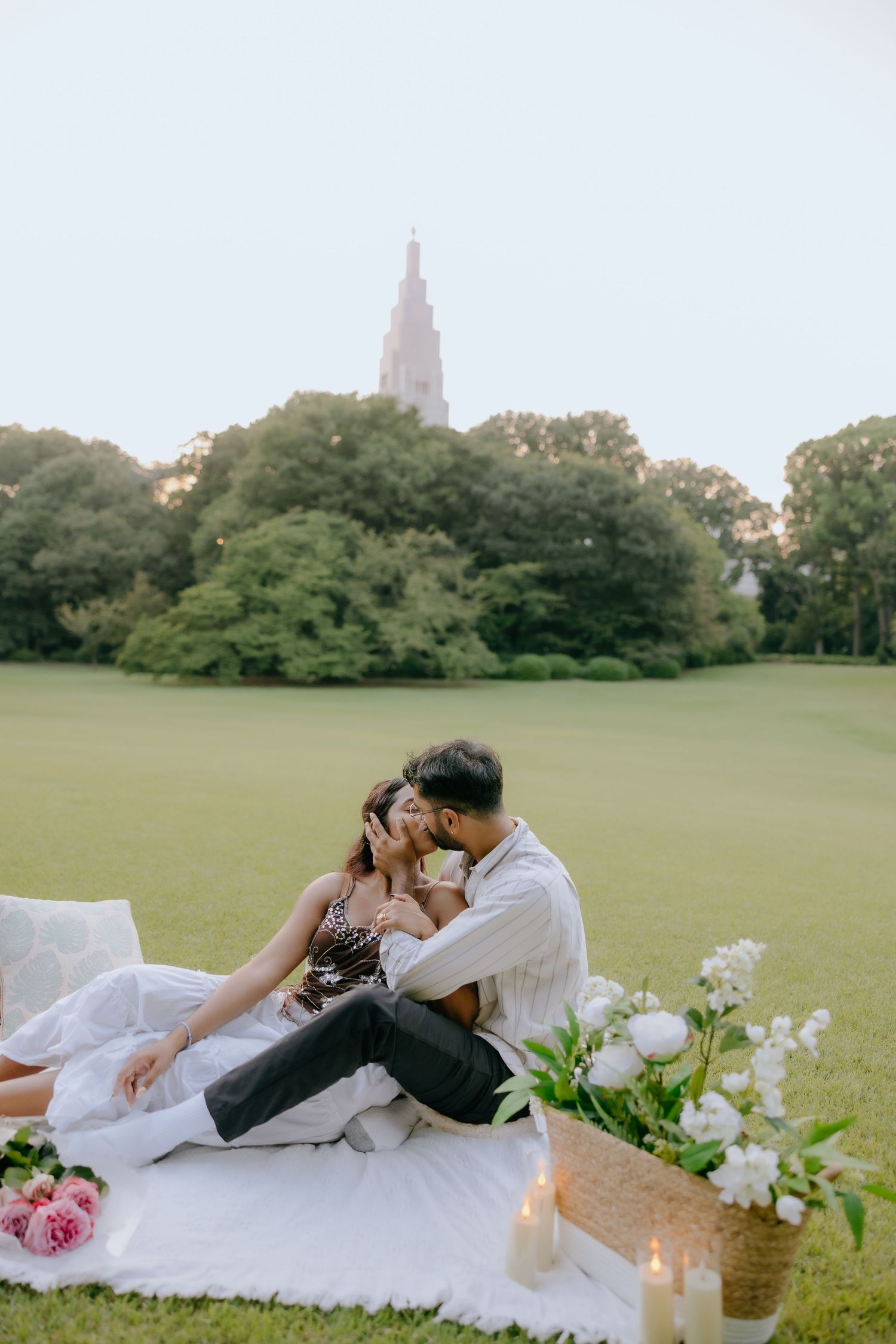 Post engagement picnic setup photoshoot at Shinjuku Gyoen national garden