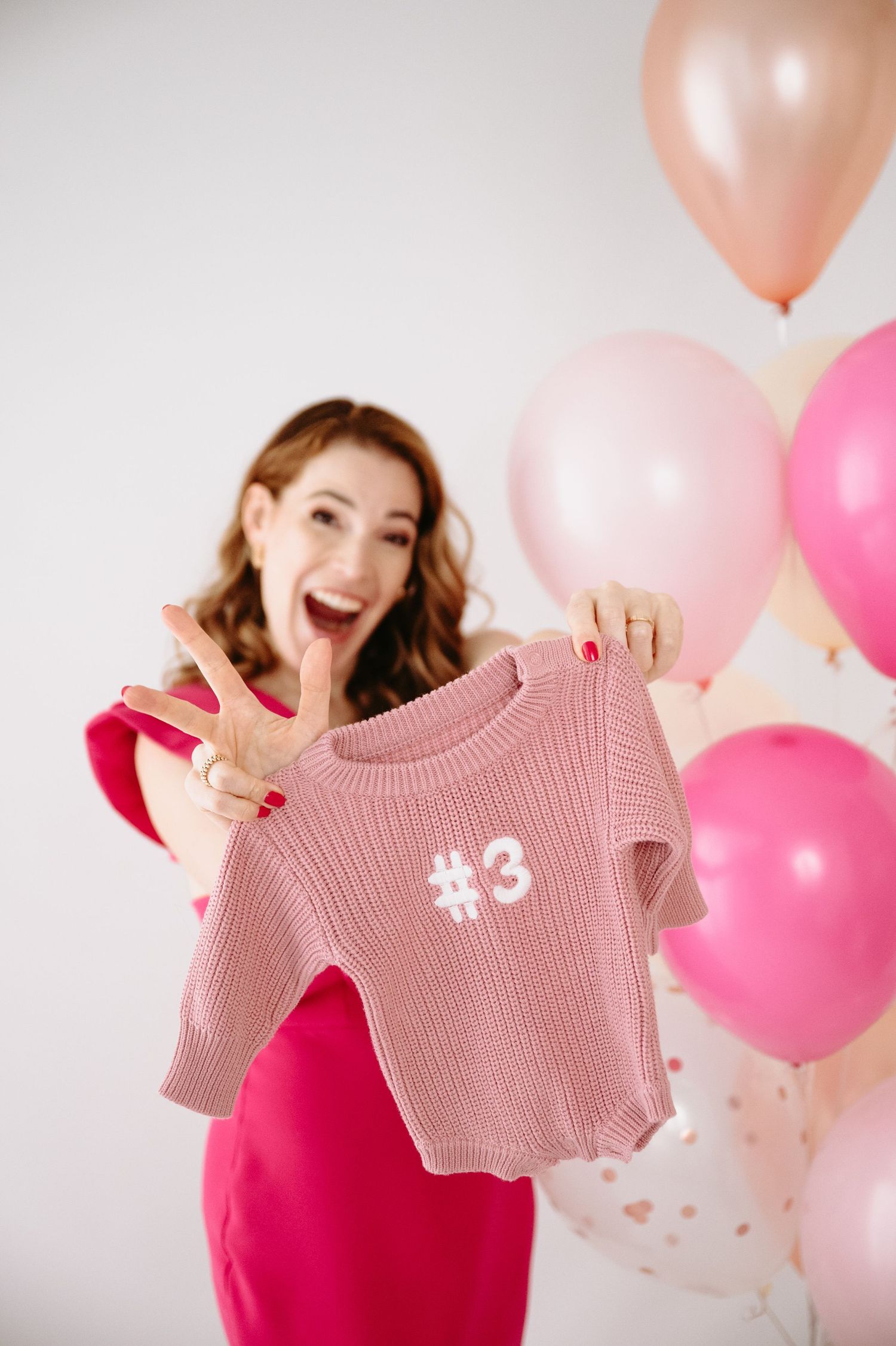 Playful sequence of someone in a pink sweater with balloons showing excited expressions and gestures.
