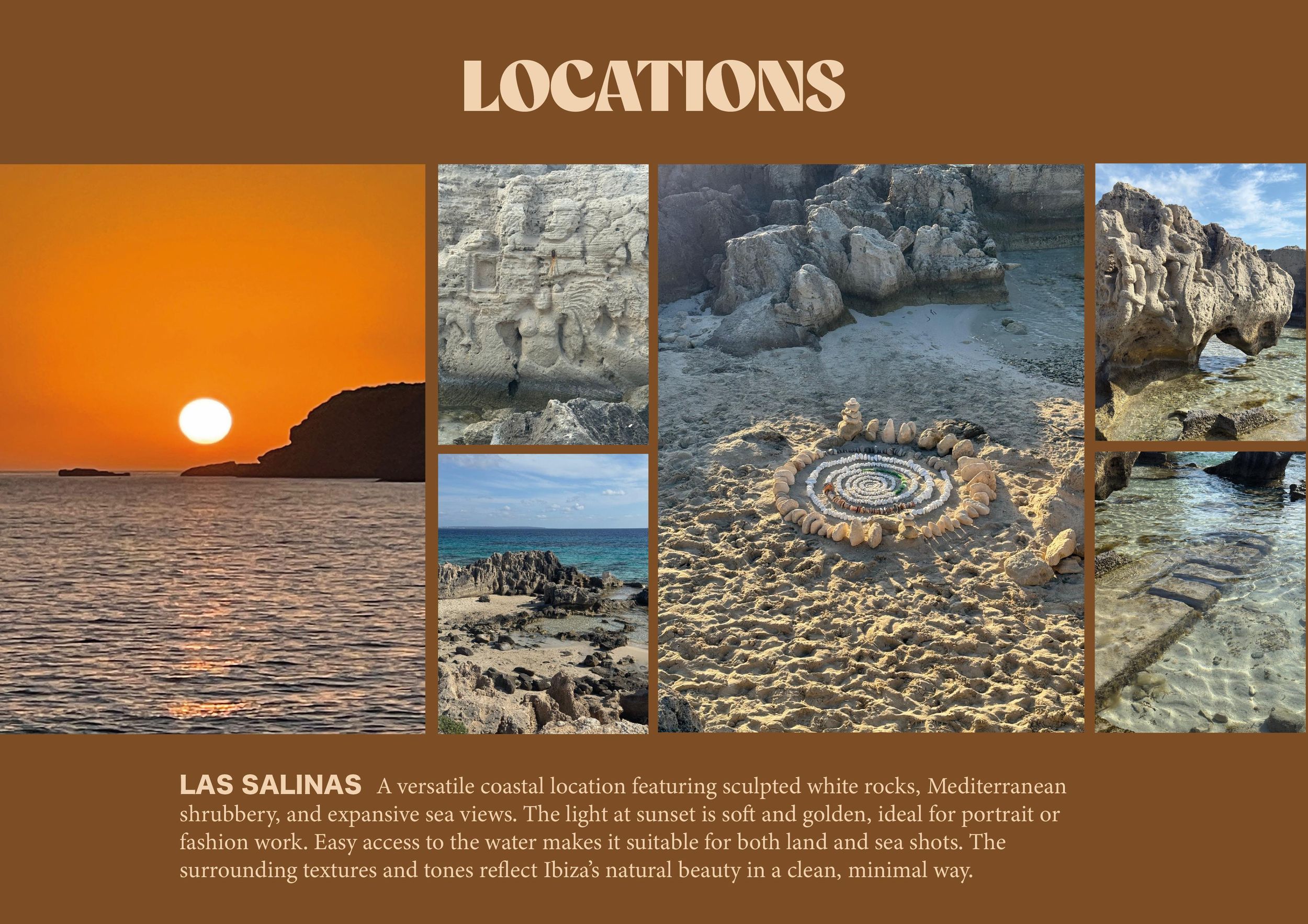 A panoramic collection of seaside location photographs with text overlay describing Las Salinas.