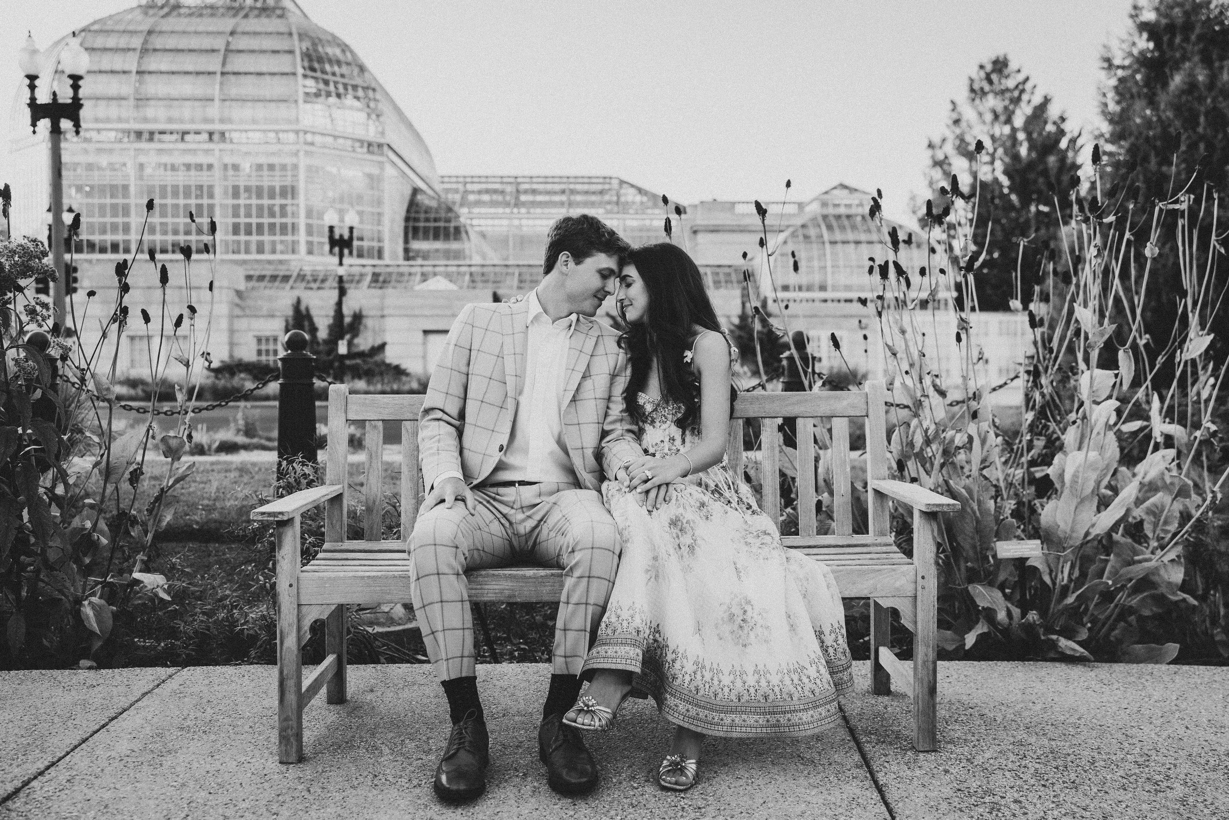 A series of black and white photographs showing people sitting on a bench in various casual poses.