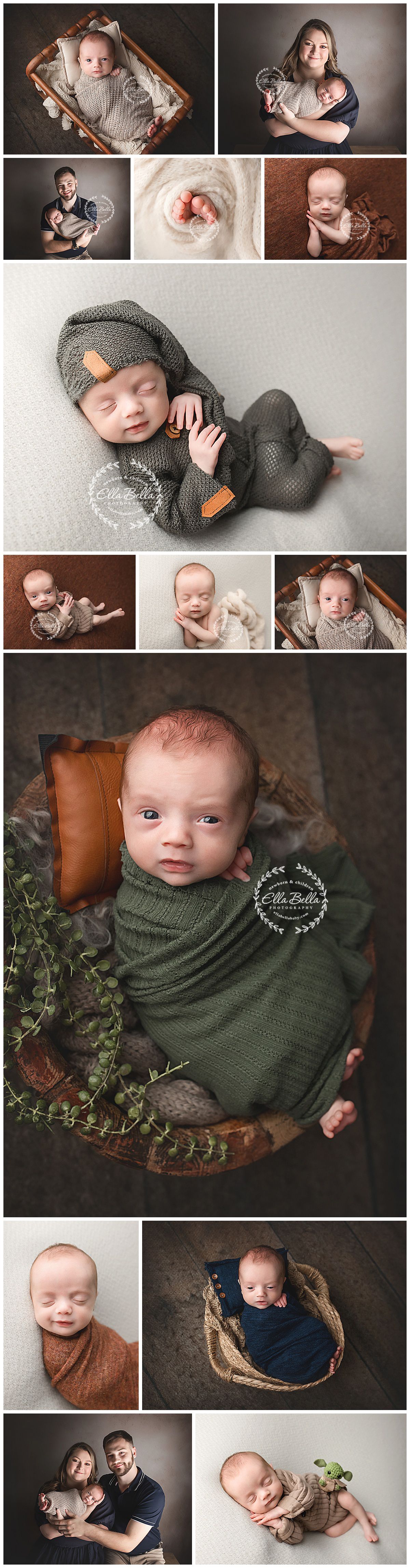 Professional newborn photography collage featuring cozy knit outfits, rustic props, and soft natural lighting.