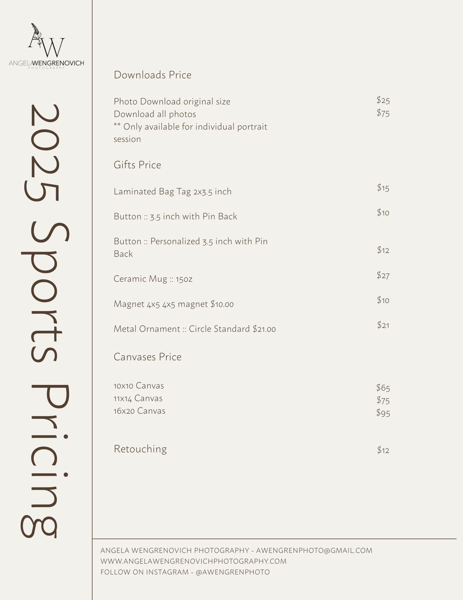 A minimalist pricing menu for sports photography services listing downloads, prints, and merchandise items in black text.