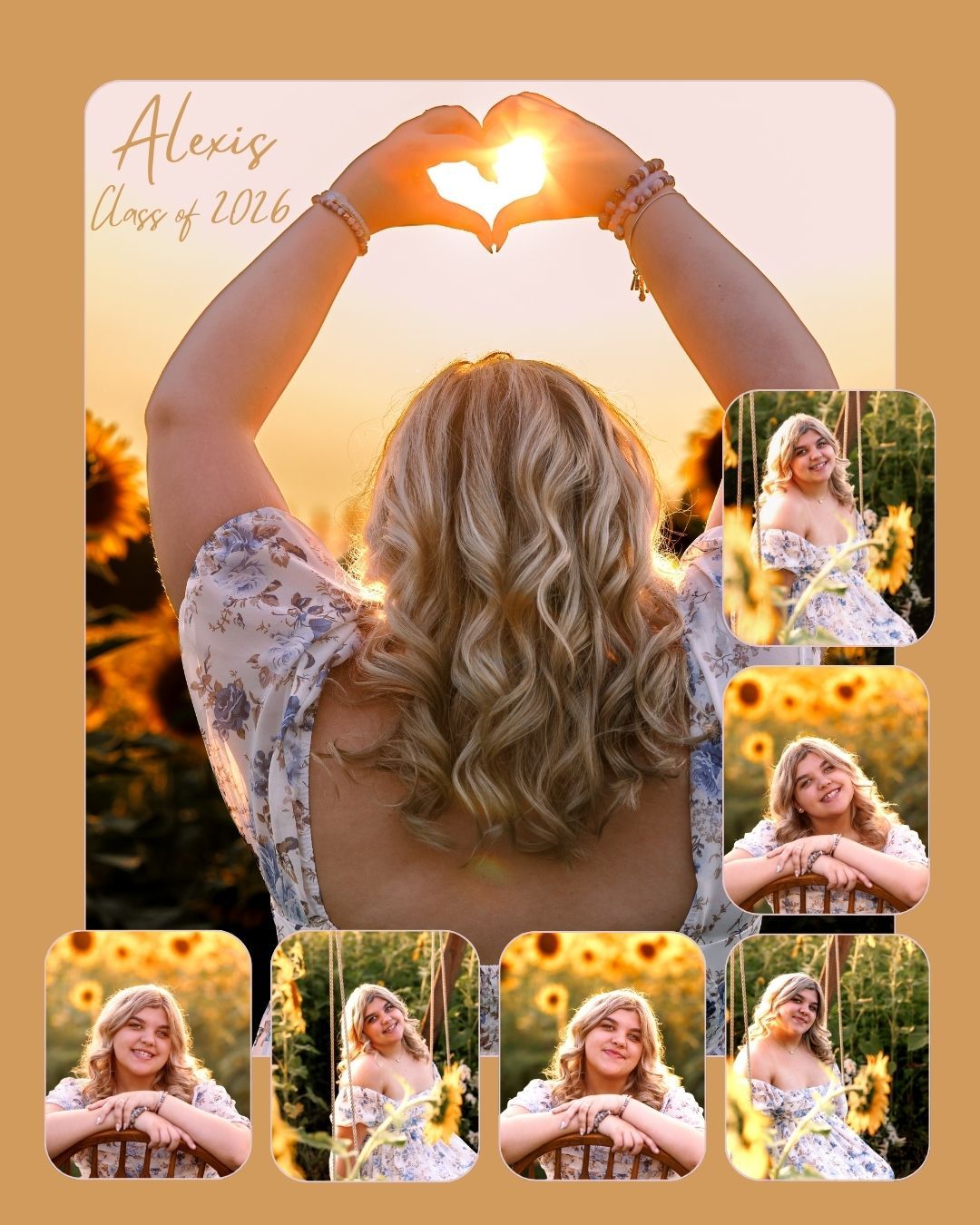 Golden sunset photo collage featuring romantic portraits and heart-shaped overlays.