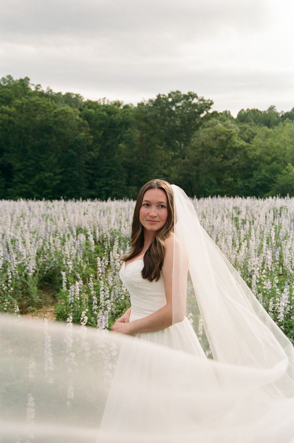 A bride poses gracefully in a white veil among blooming purple and white wildflowers on a cloudy summer day.