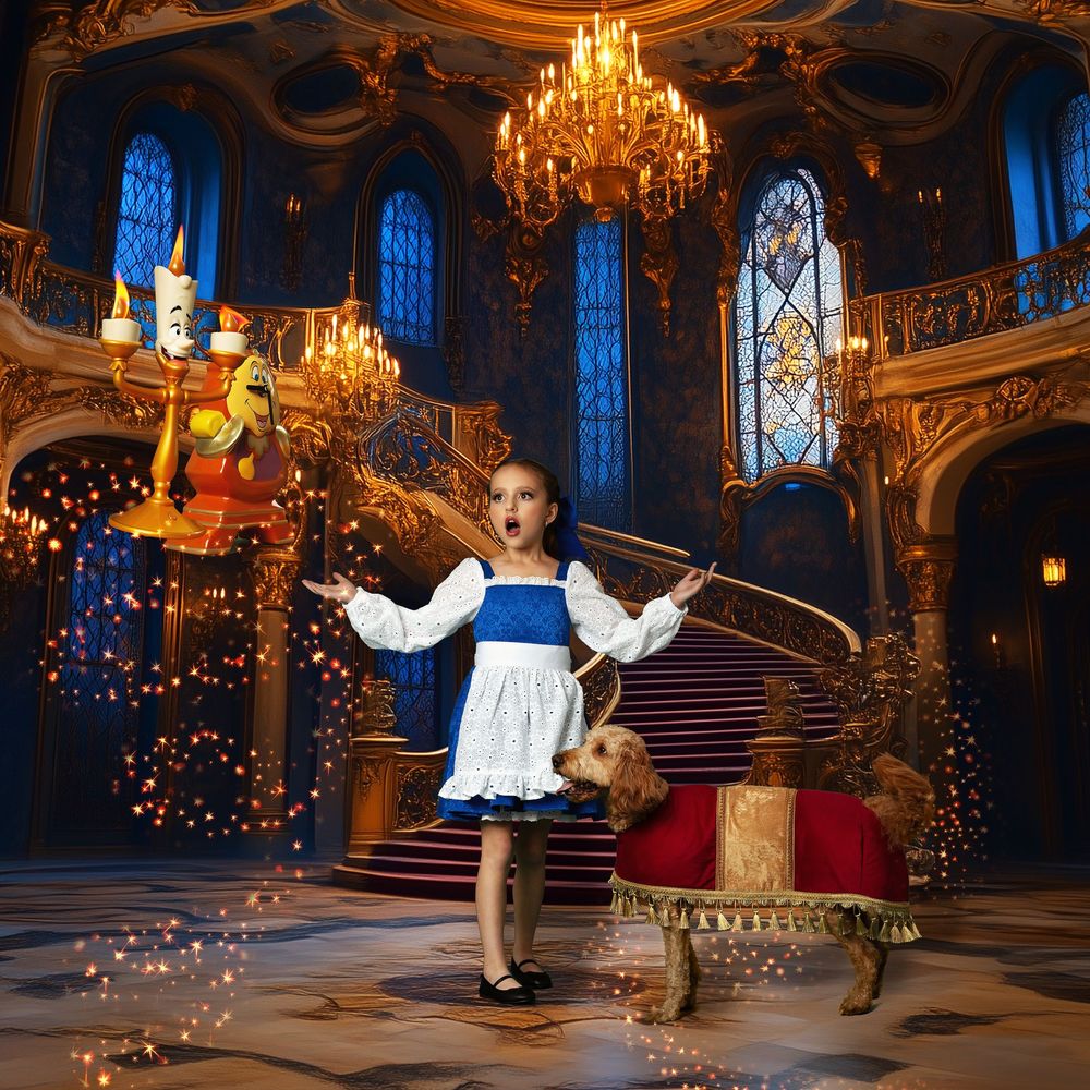 Fantasy ballroom scene with ornate chandeliers and decorative holiday lighting.