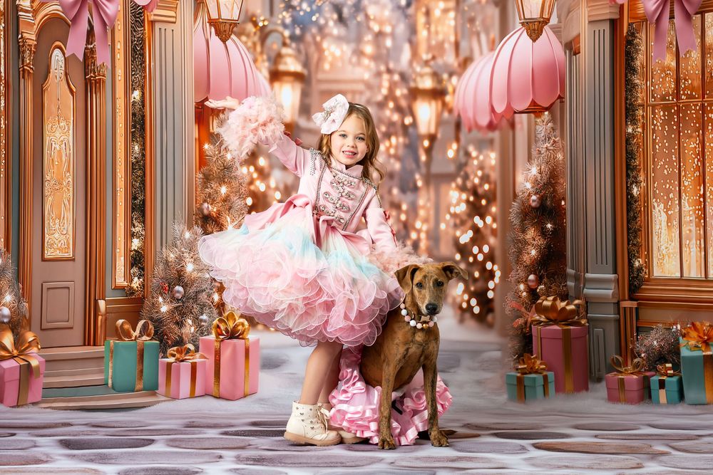 Whimsical pink dress portraits in ornate palace setting with glowing effects.