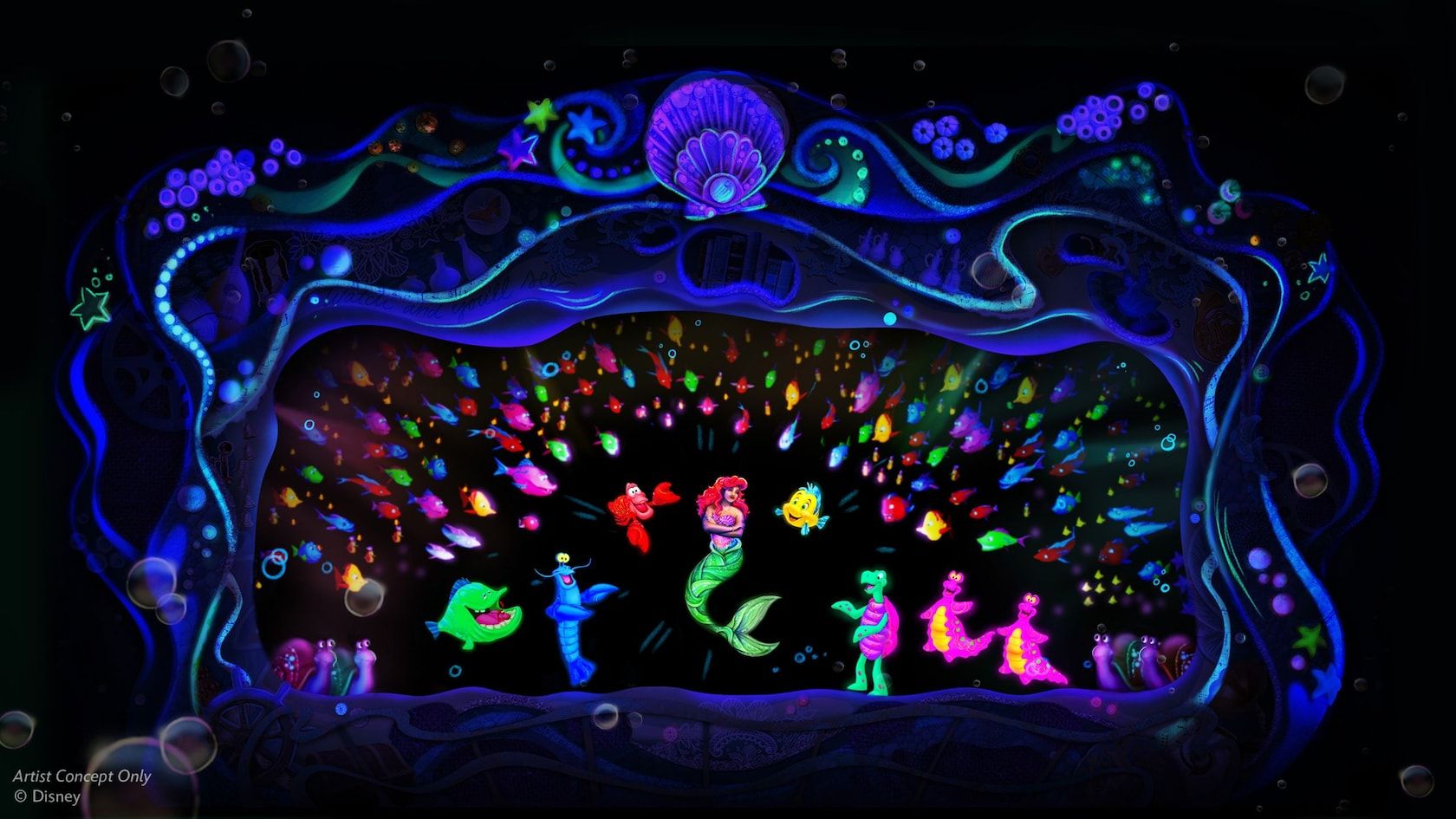 Glowing black-light scene of colorful mushrooms and fantasy elements in an enchanted forest setting.