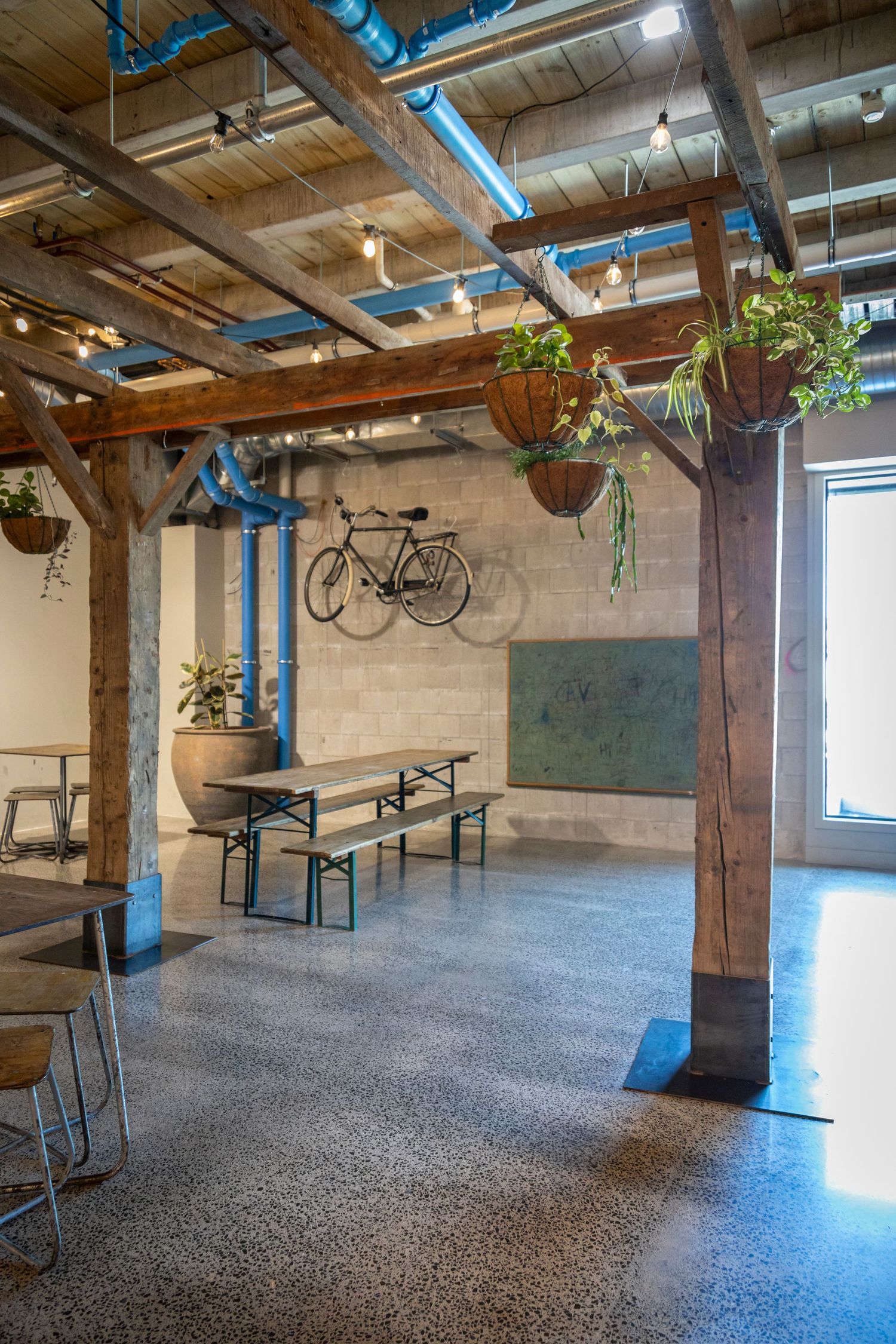 Open-plan café interior with timber beams, exposed pipes, and natural lighting.