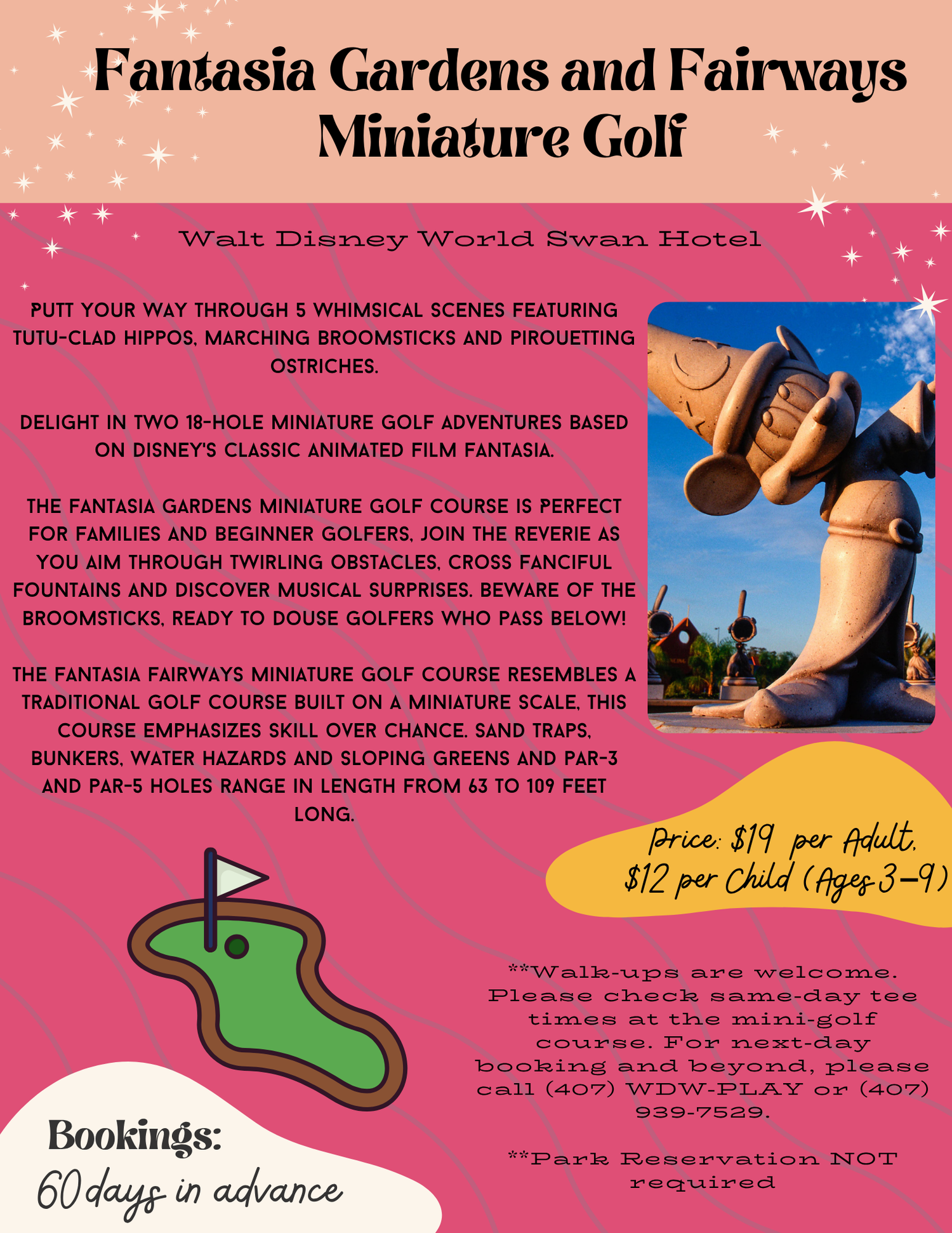 Pink promotional banner for Fantasia Gardens mini golf course with fairway illustration and booking information.