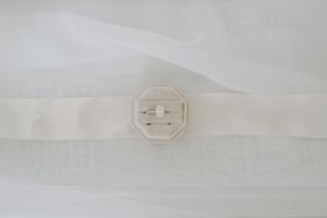 Close-up detail of a vintage white button on fabric.