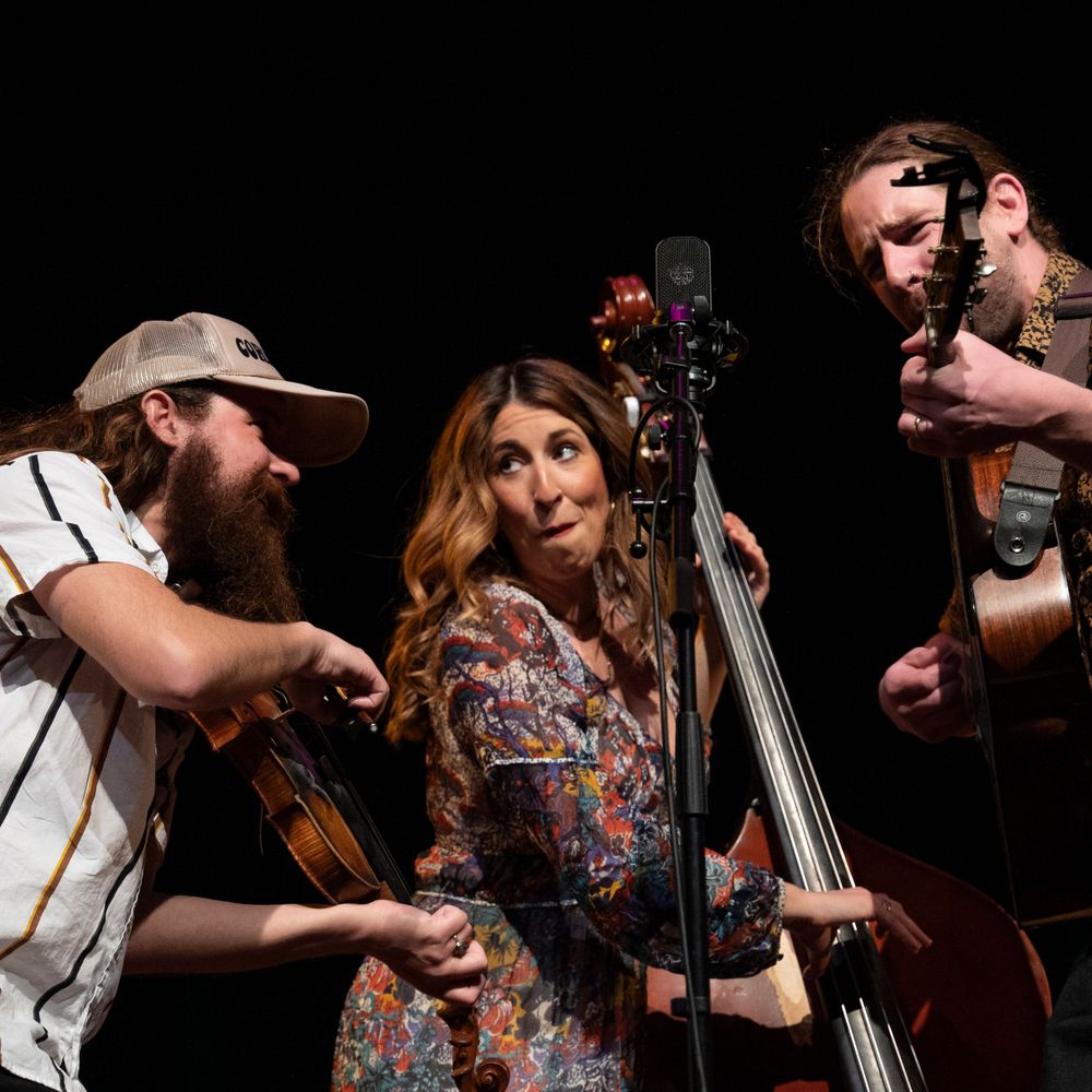 Folk band performing on dark stage with upright bass and string instruments.