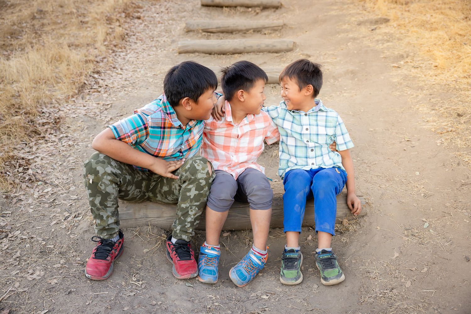 Boys sit on path at Guadalupe Oak Grove during family photo session with Bay Area Photographer Cindy Tucey