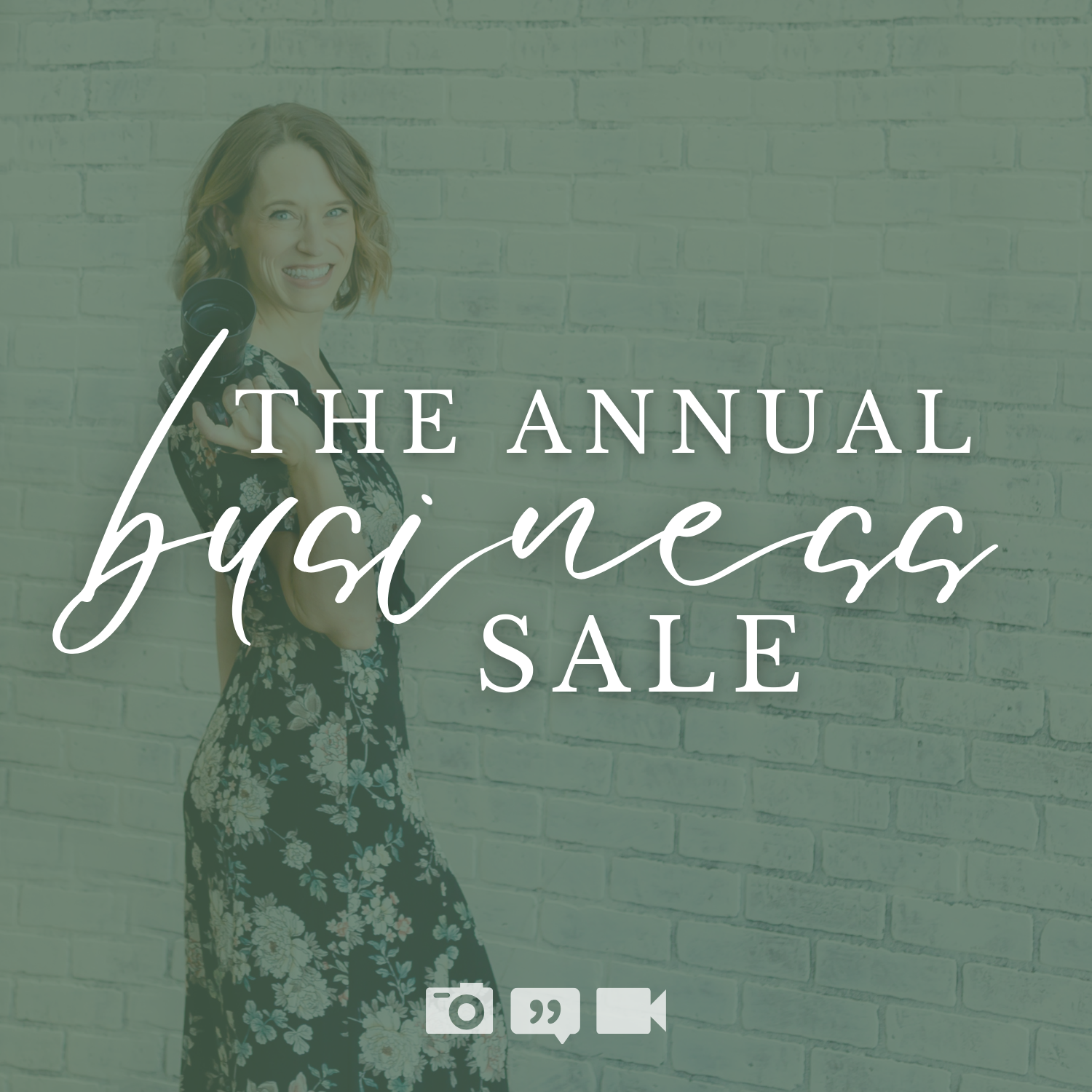 A promotional image for an annual business sale with text overlay on a green background.