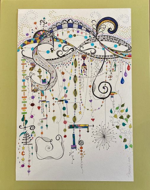 Abstract watercolor featuring swirling lines and hanging decorative elements in blue and gold tones.