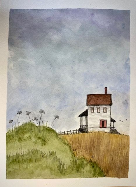 A watercolor painting of a solitary white farmhouse on a grassy hill against a moody gray sky.