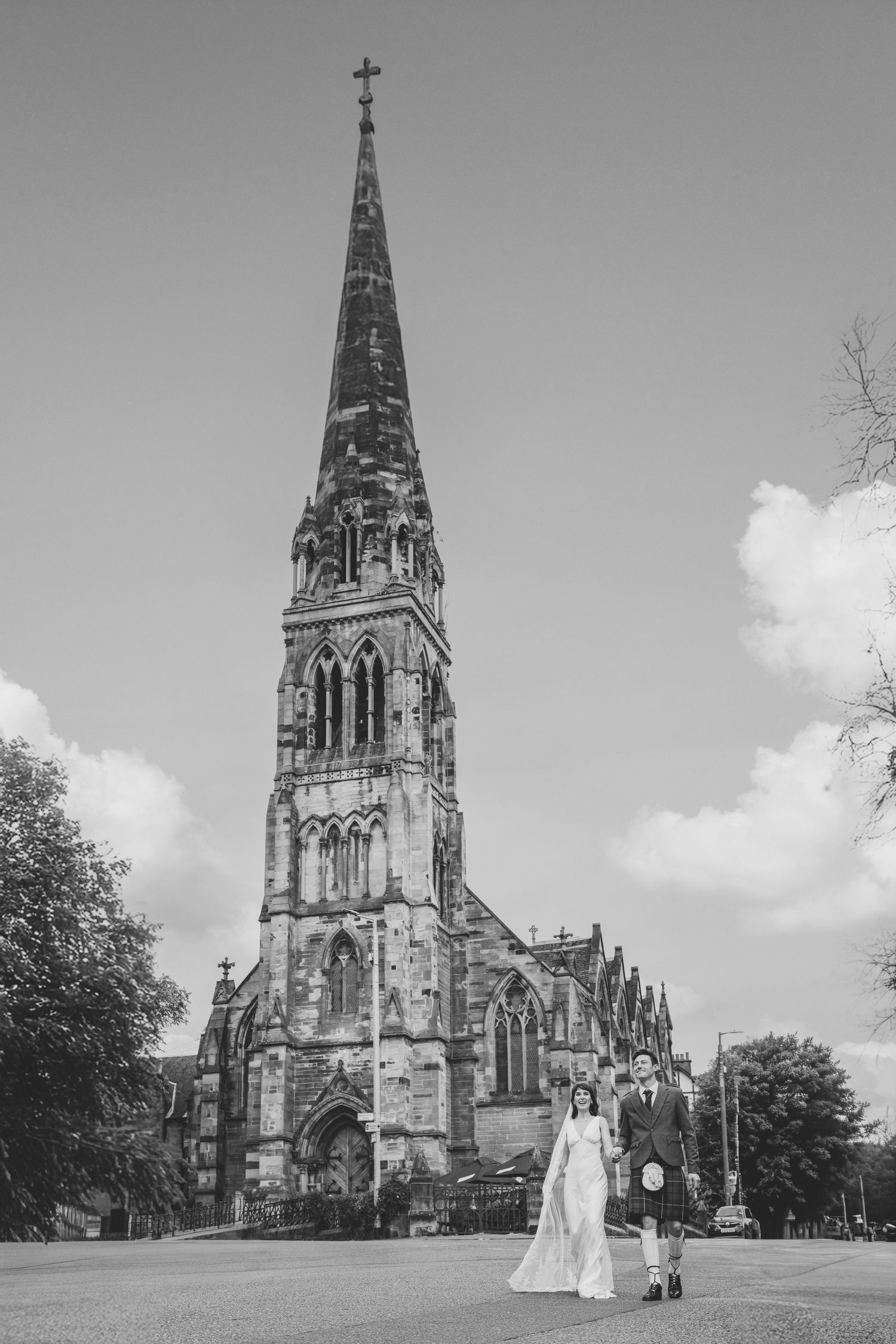 Black and white photos show the exterior of a Gothic church with tall spire from different angles on a sunny day.