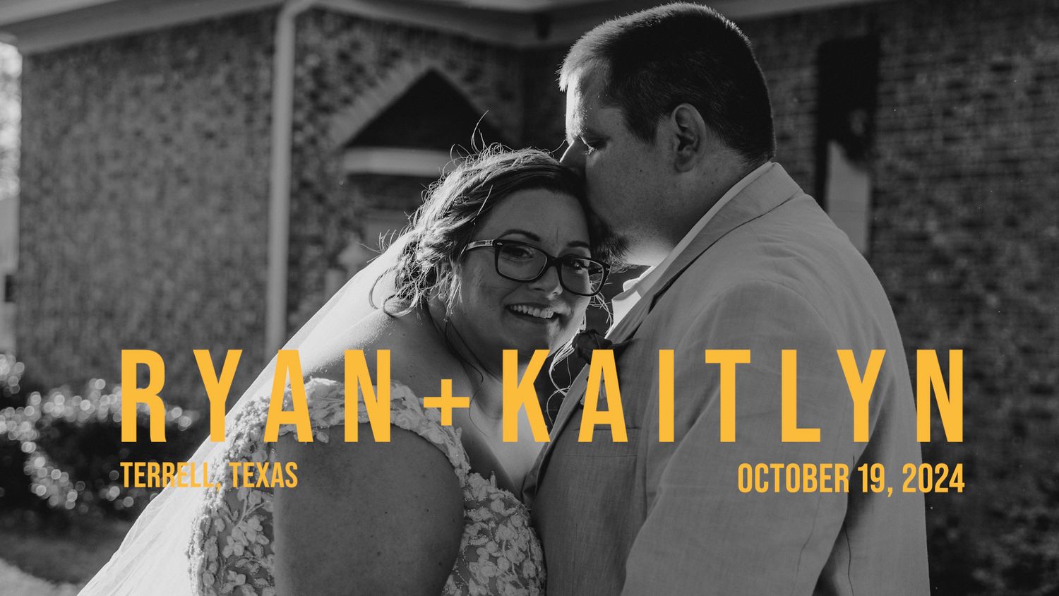 Black and white engagement photo announcement with gold text overlay.