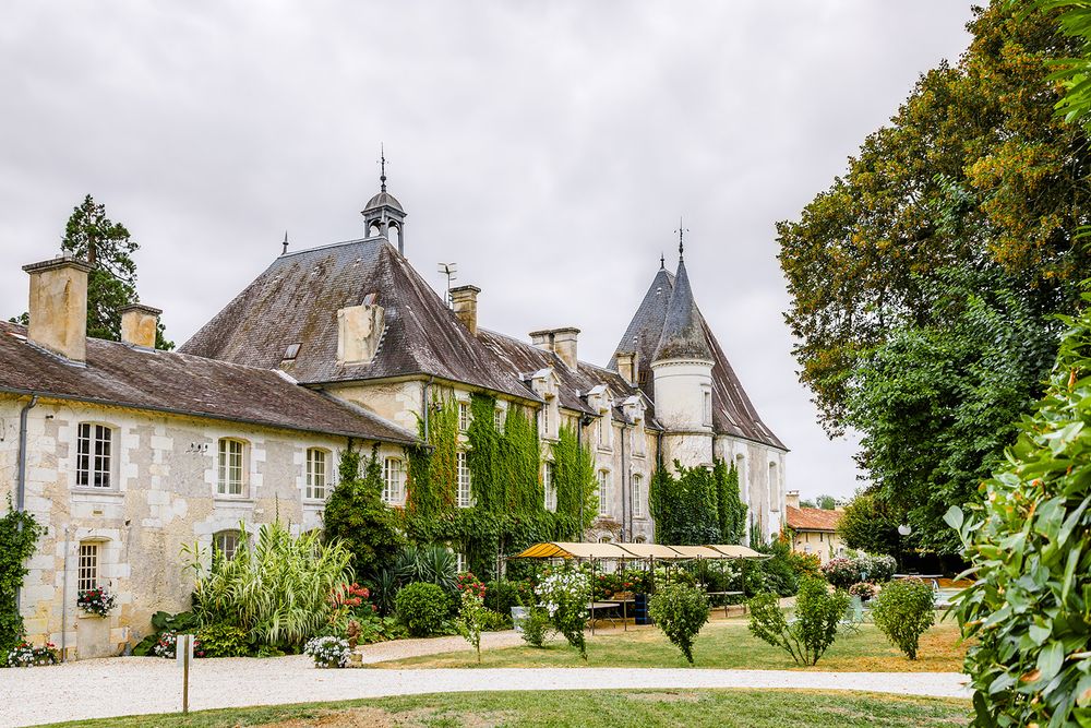 A majestic French chateau with ivy-covered walls and pointed turrets under an overcast sky.