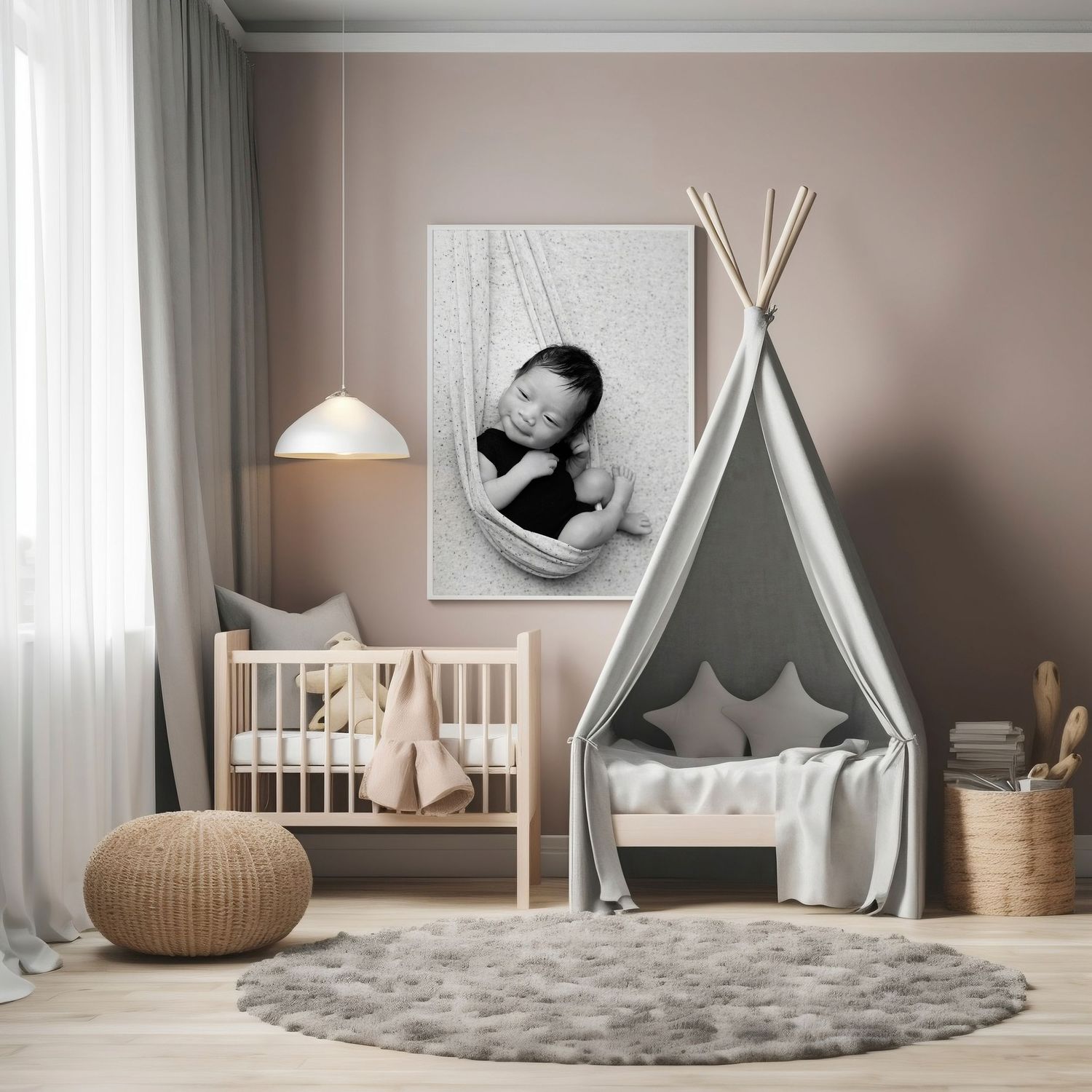 Austin newborn photography studio nursery design mockup featuring neutral decor and portrait display inspiration