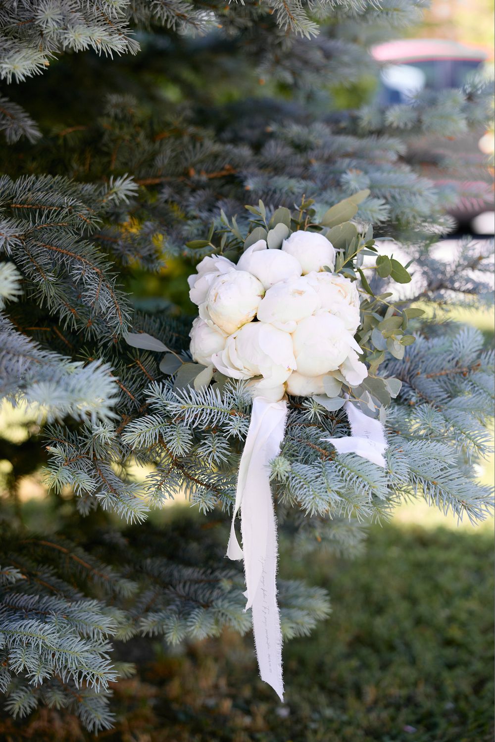 White floral decorations with ribbons adorn evergreen branches in a delicate winter wedding arrangement.