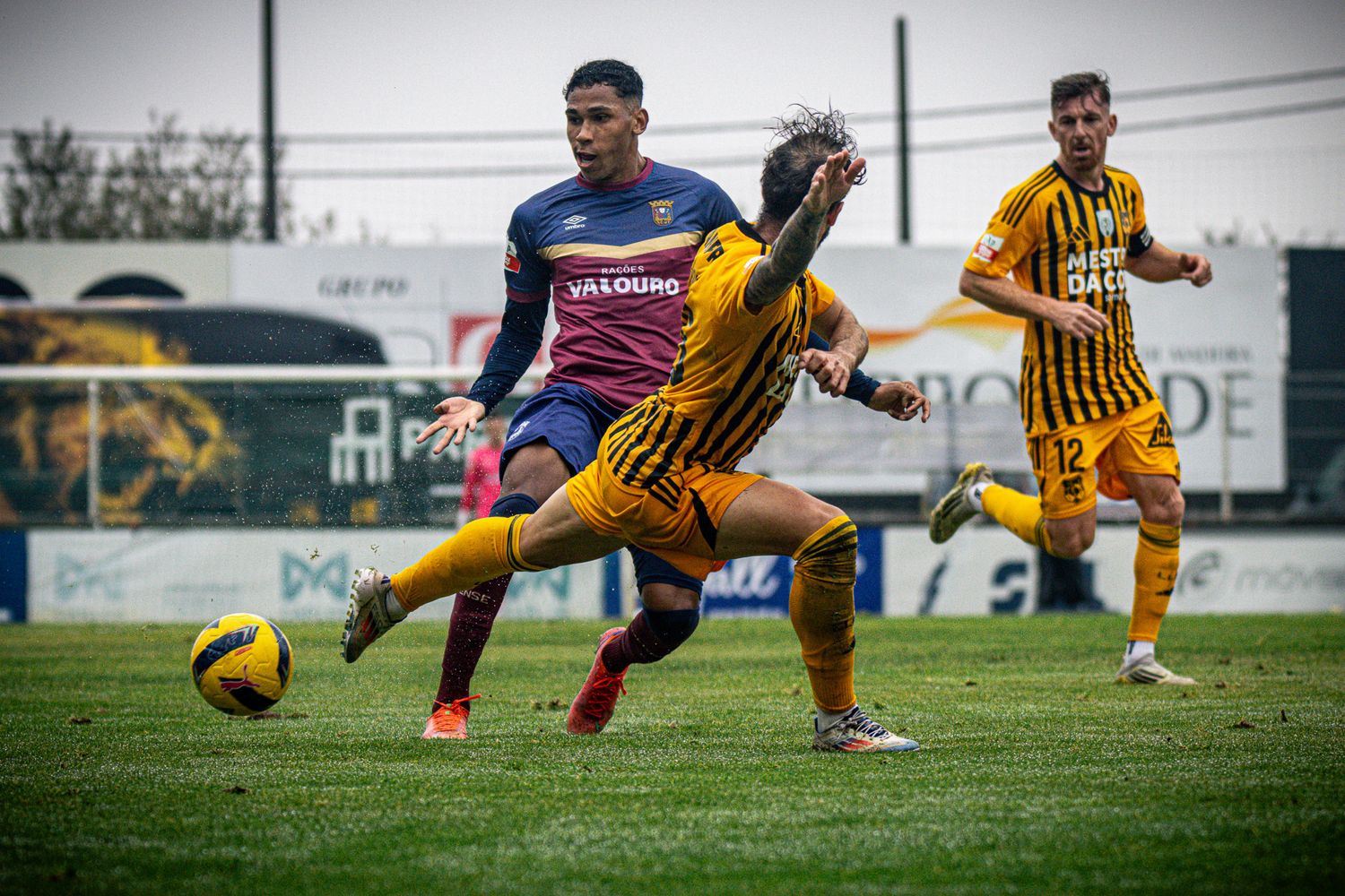 Players from opposing teams compete for control of the ball during an intense soccer match.