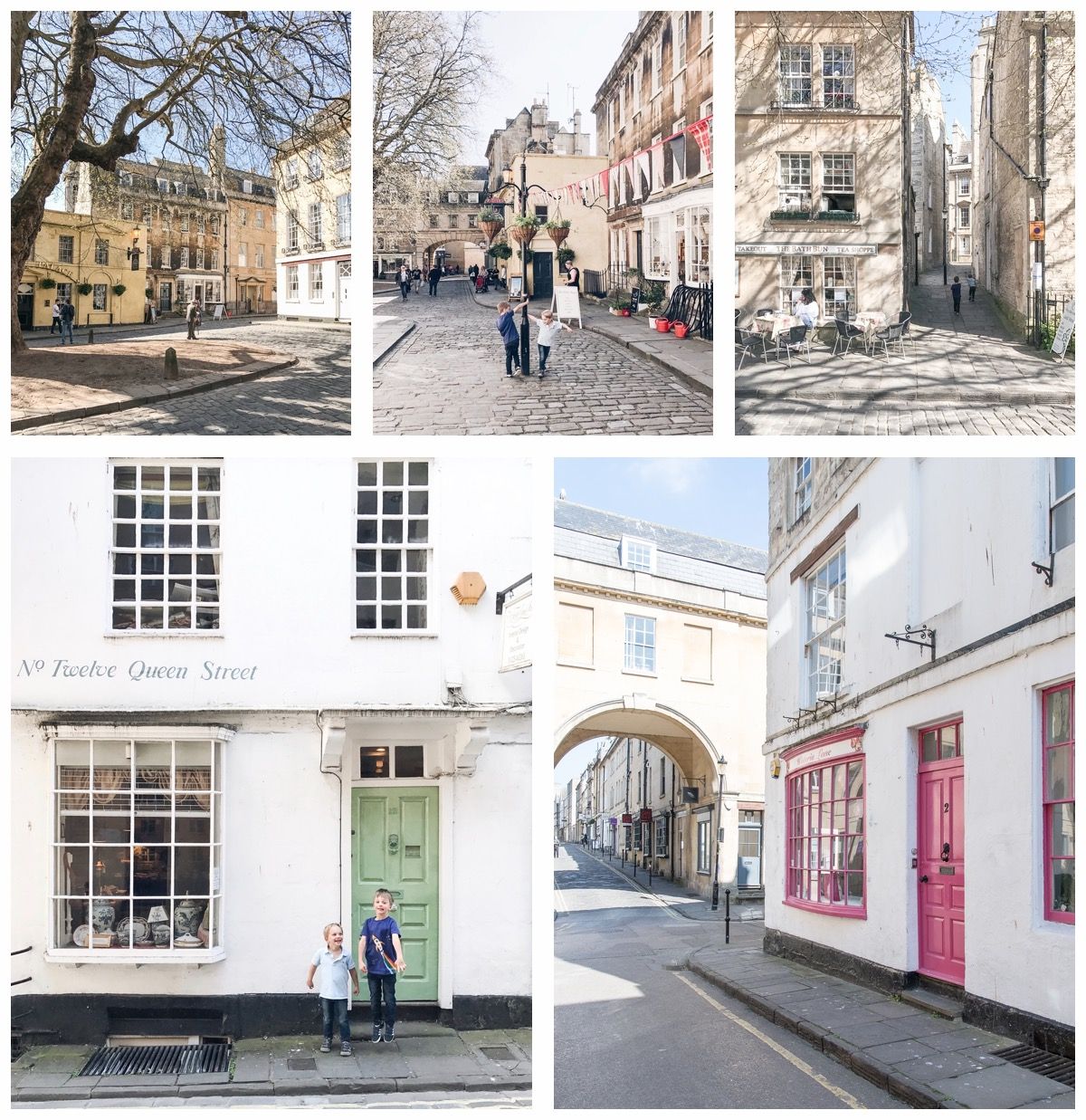 Collage of charming town streets, pastel shop fronts, an archway, and people walking through a historic centre.