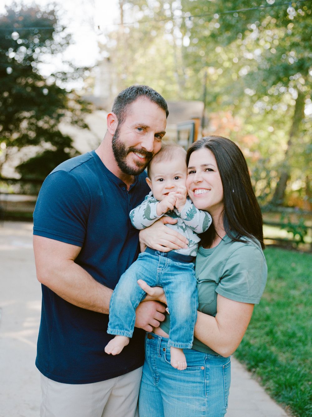 A family shares joyful moments together outdoors in a series of candid photos with natural lighting and greenery.