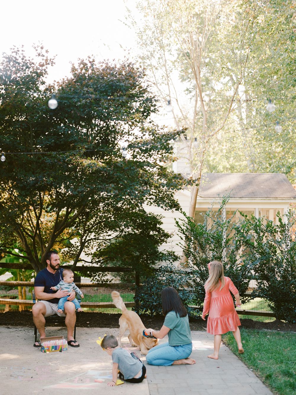 A sequence of photos showing people relaxing and lounging outdoors on a sunny day near trees and grass.