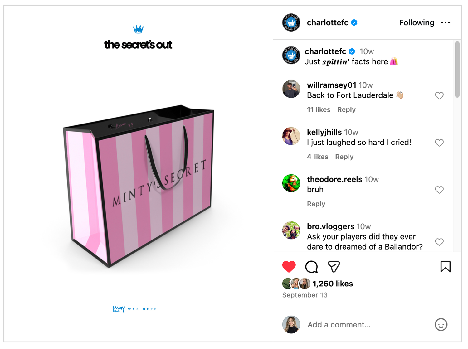 Charlotte FC Instagram post featuring a pink Victoria's Secret style bag with the text the secret's out.