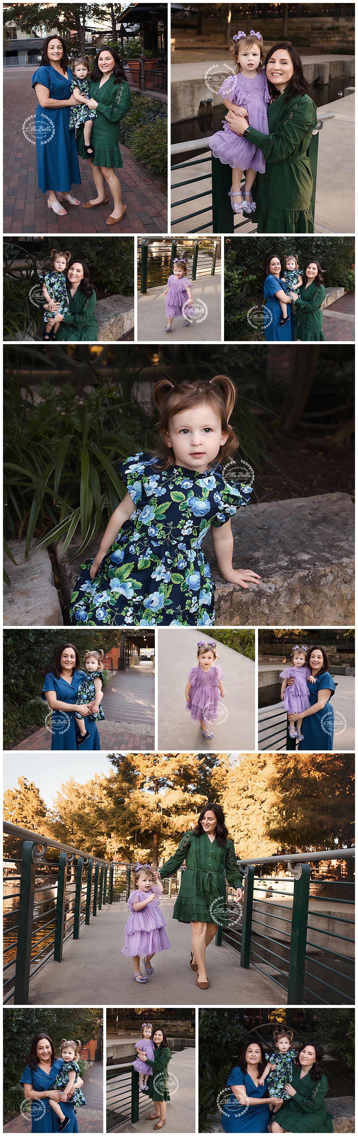 A collection of outdoor family portraits featuring coordinating blue, green, and purple dresses in a park setting.