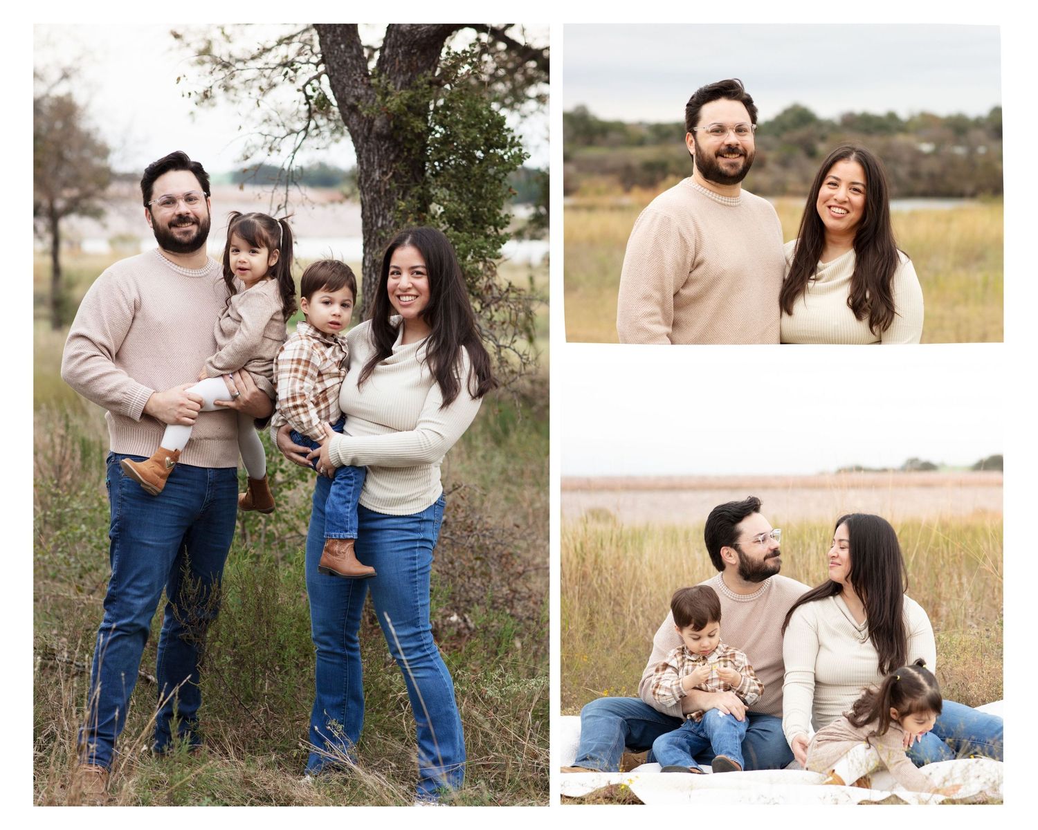 A family poses together surrounded by greenery during a fall family mini photo session at Brushy Creek Lake Park TX