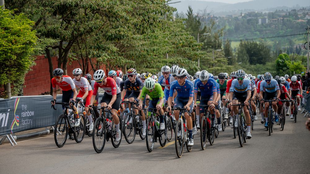 Professional cycling peloton races uphill through a green urban landscape during a competitive road race event.