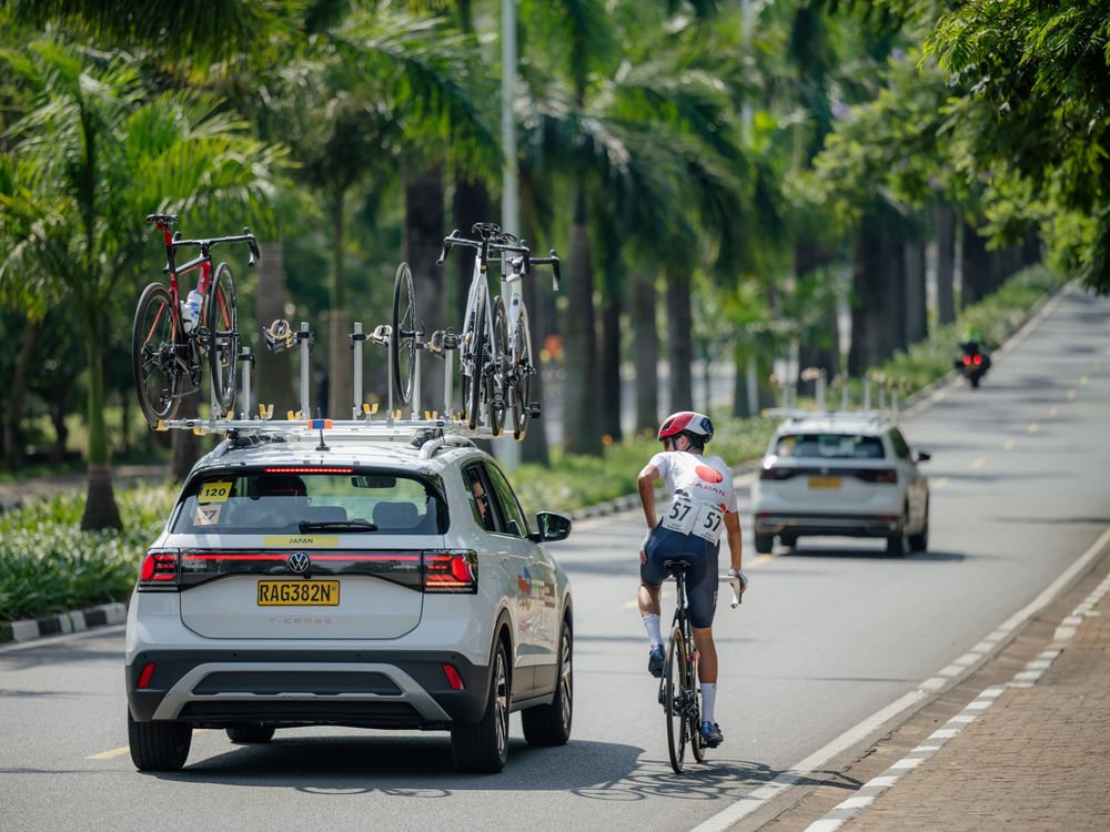Cyclists ride along a tree-lined street with cars and palm trees visible in the urban setting.