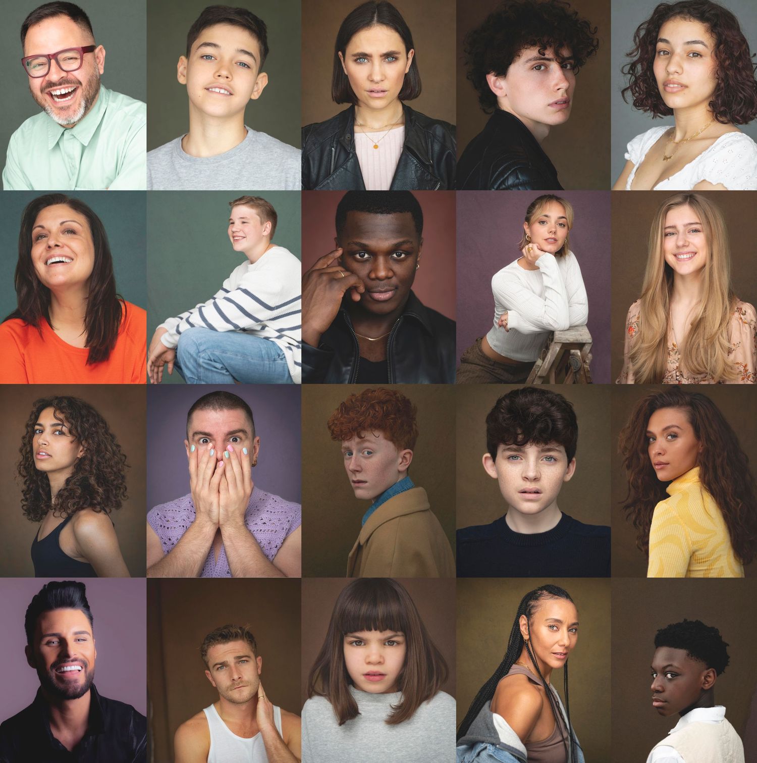 A collage grid of portrait photographs showing diverse individuals in casual poses against various backgrounds.