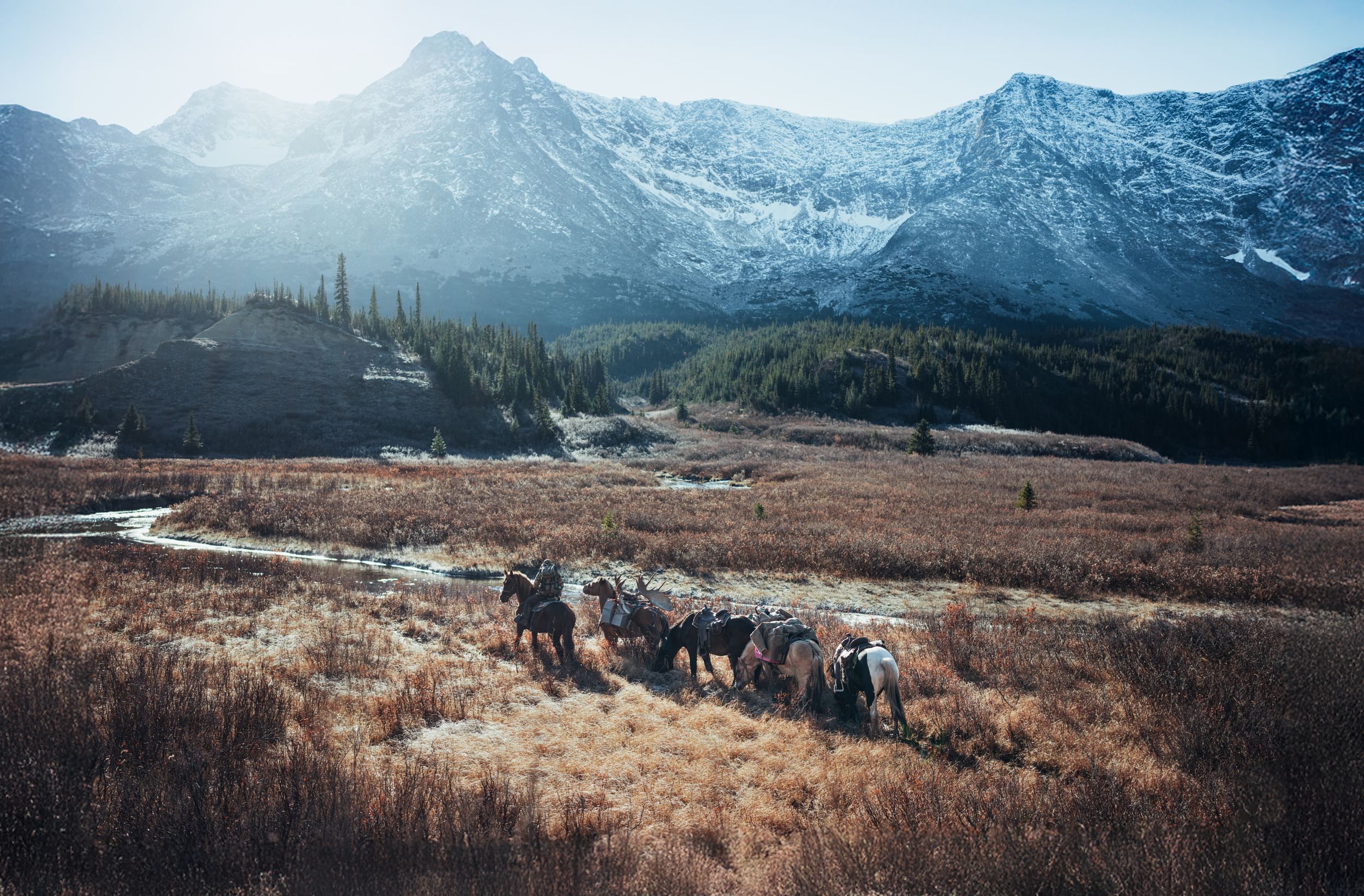 Expansive mountain vista showing snow-dusted peaks and brown autumn valleys below.