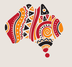 Abstract geometric Aboriginal pattern with curved shapes in red, orange, and black colours arranged in a decorative tribal style design.