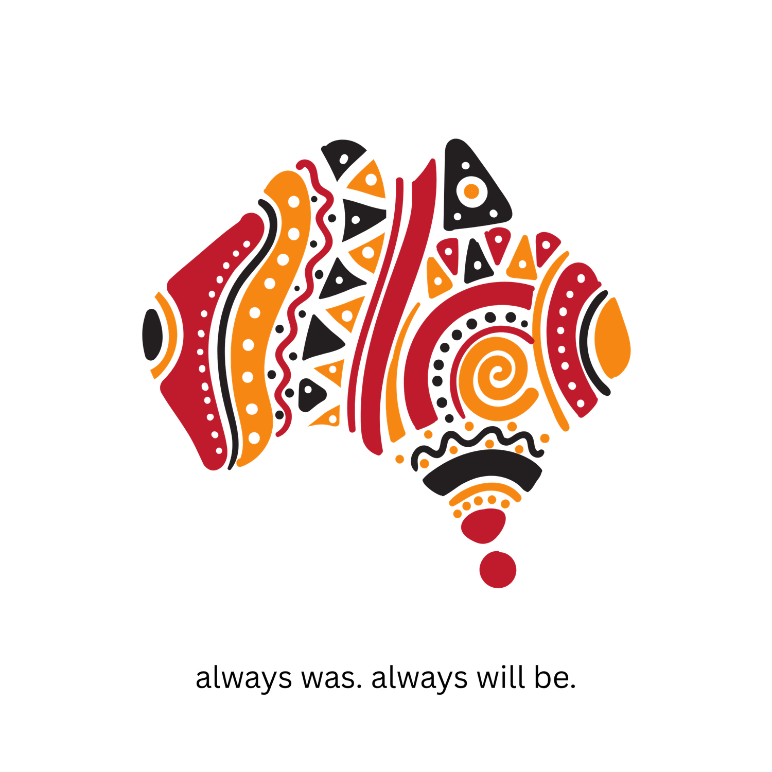 Abstract geometric Aboriginal pattern with curved shapes in red, orange, and black colours arranged in a decorative tribal style design.