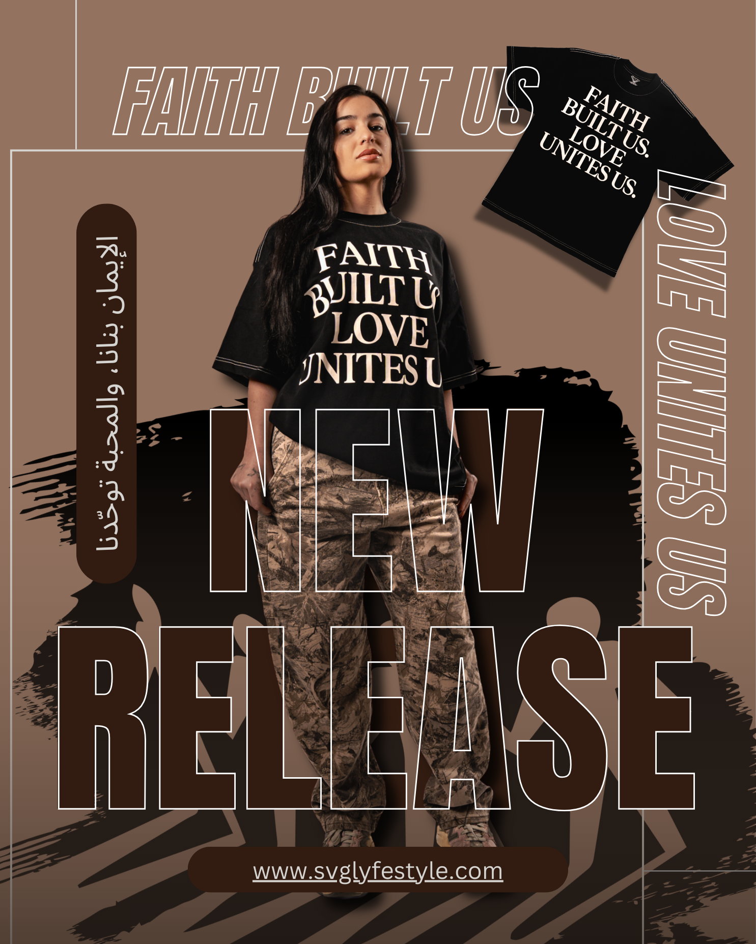 Stylish black t-shirt collection with 'Faith Unites Us' text displayed in modern typography against brown background.