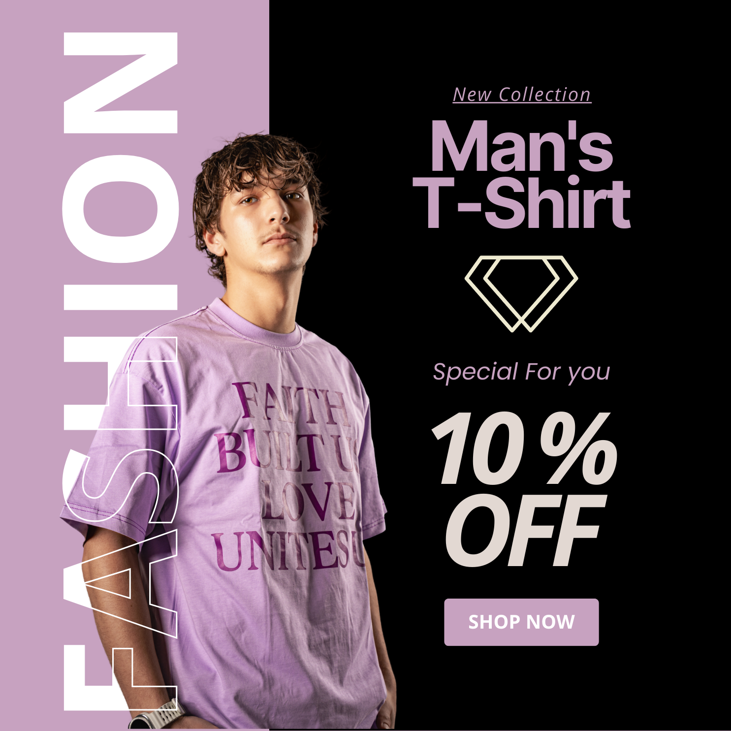 Purple t-shirt promotional banner with special discount offer showing model in casual wear against black background.