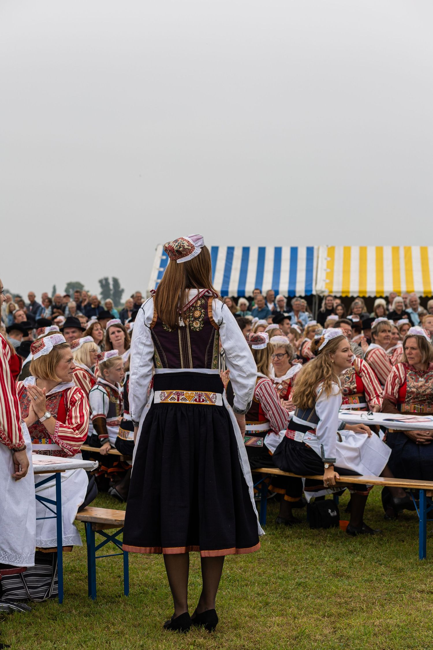 View from behind of traditional Estonian folk dress at an outdoor gathering with striped tent in background.
