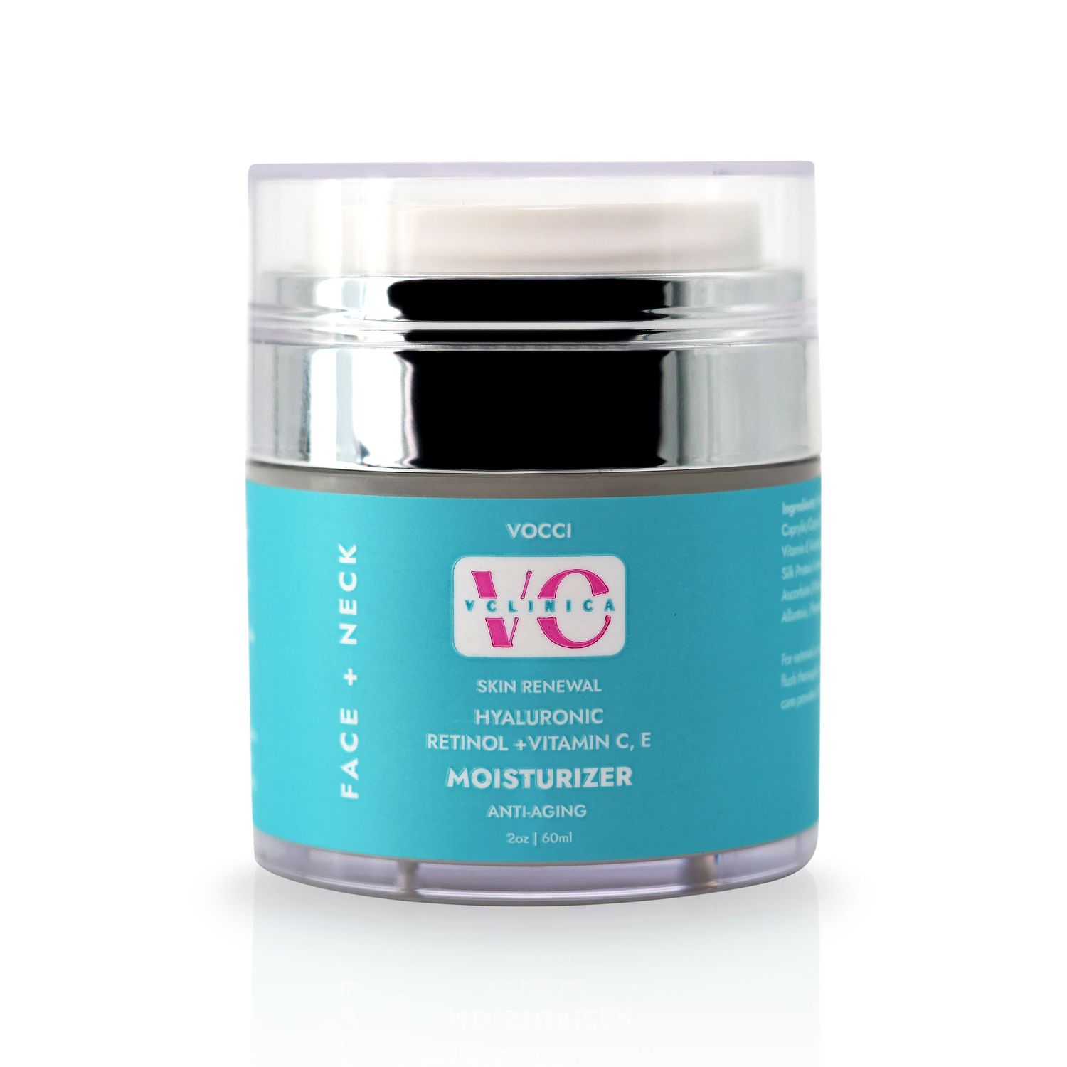 Moisturizer cream jar with turquoise packaging and white text labeling.