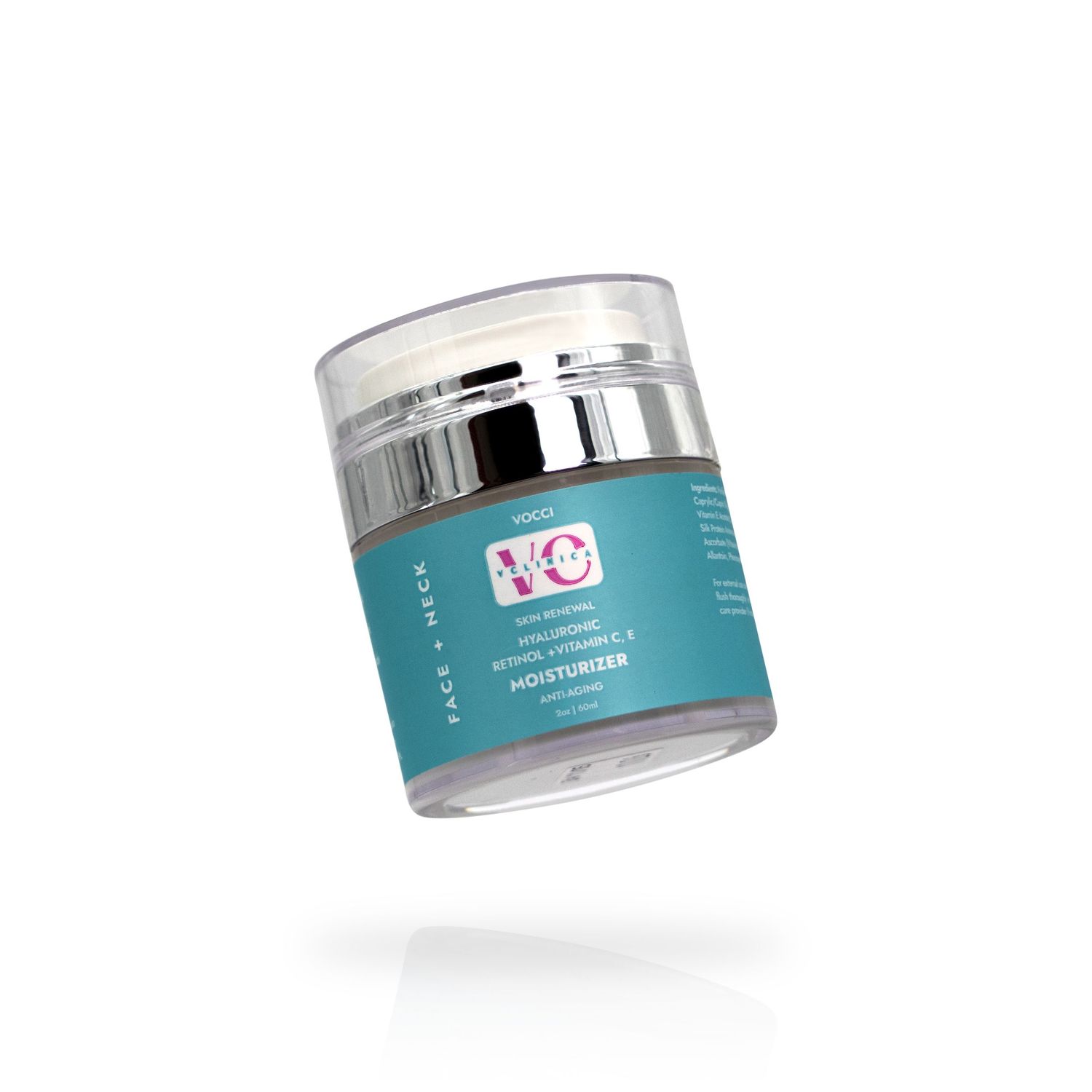 Floating cosmetic cream jar with turquoise and white branding against white background.