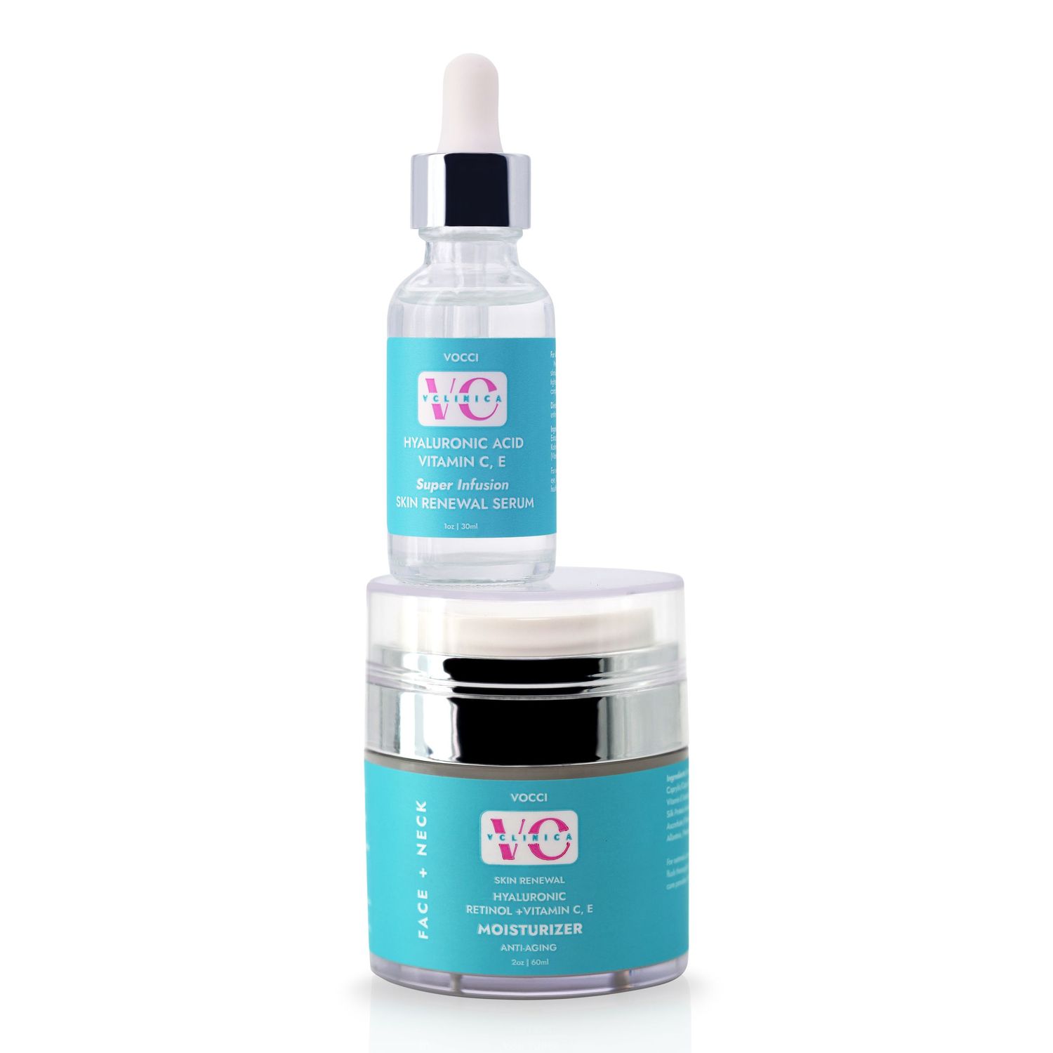 Turquoise skincare product containers with white lids displayed on white background.