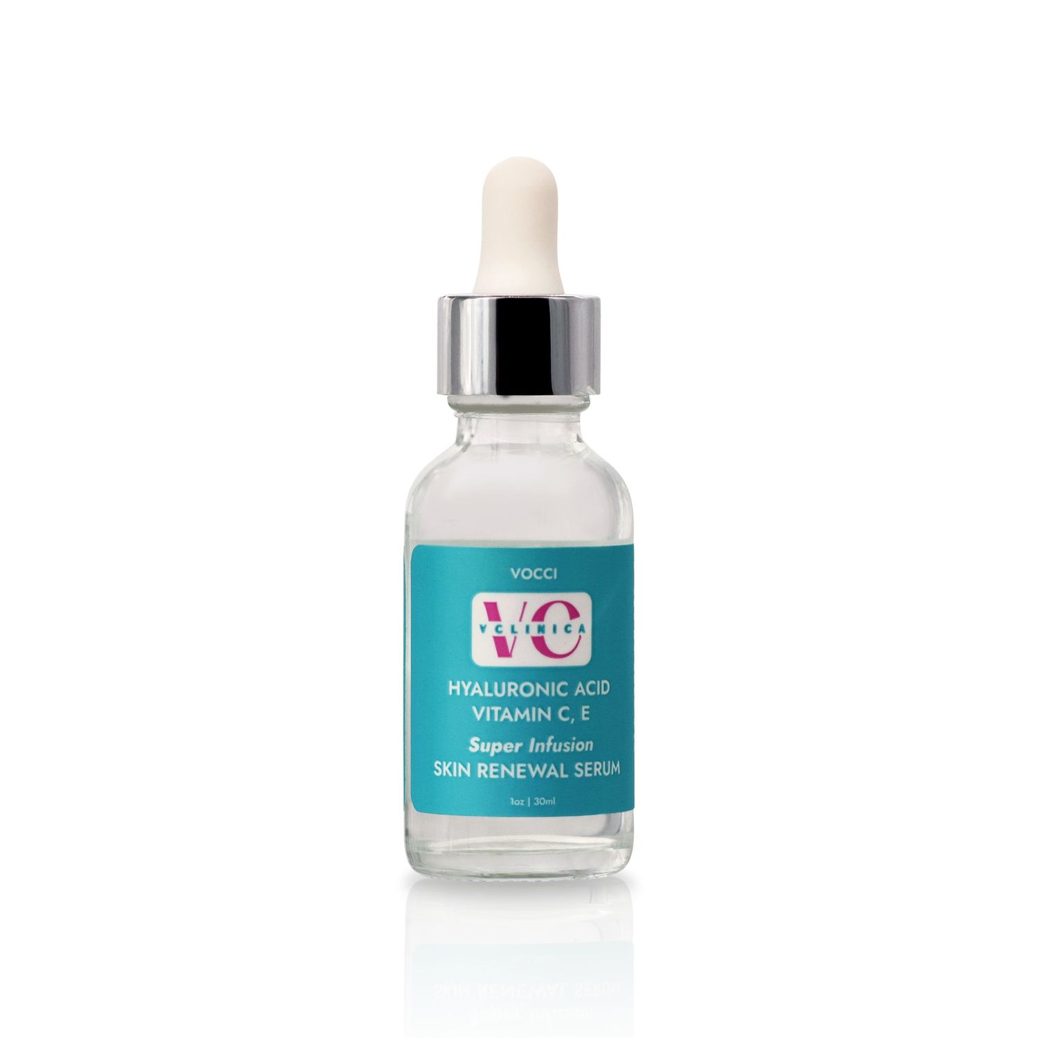 Three blue and white skincare product bottles with hyaluronic acid and vitamin C serums against white background.