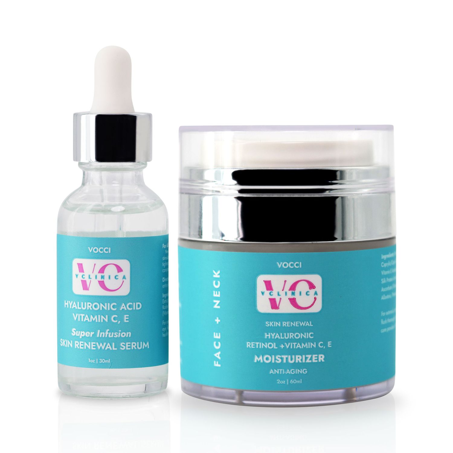 Collection of blue and white skincare products including moisturizer and serum jars displayed together.