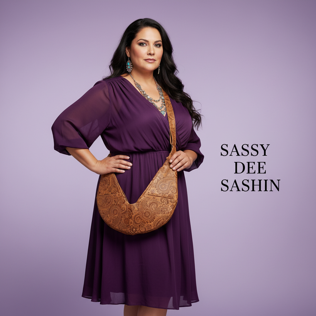 Purple dress collection displayed on purple background with text overlays.