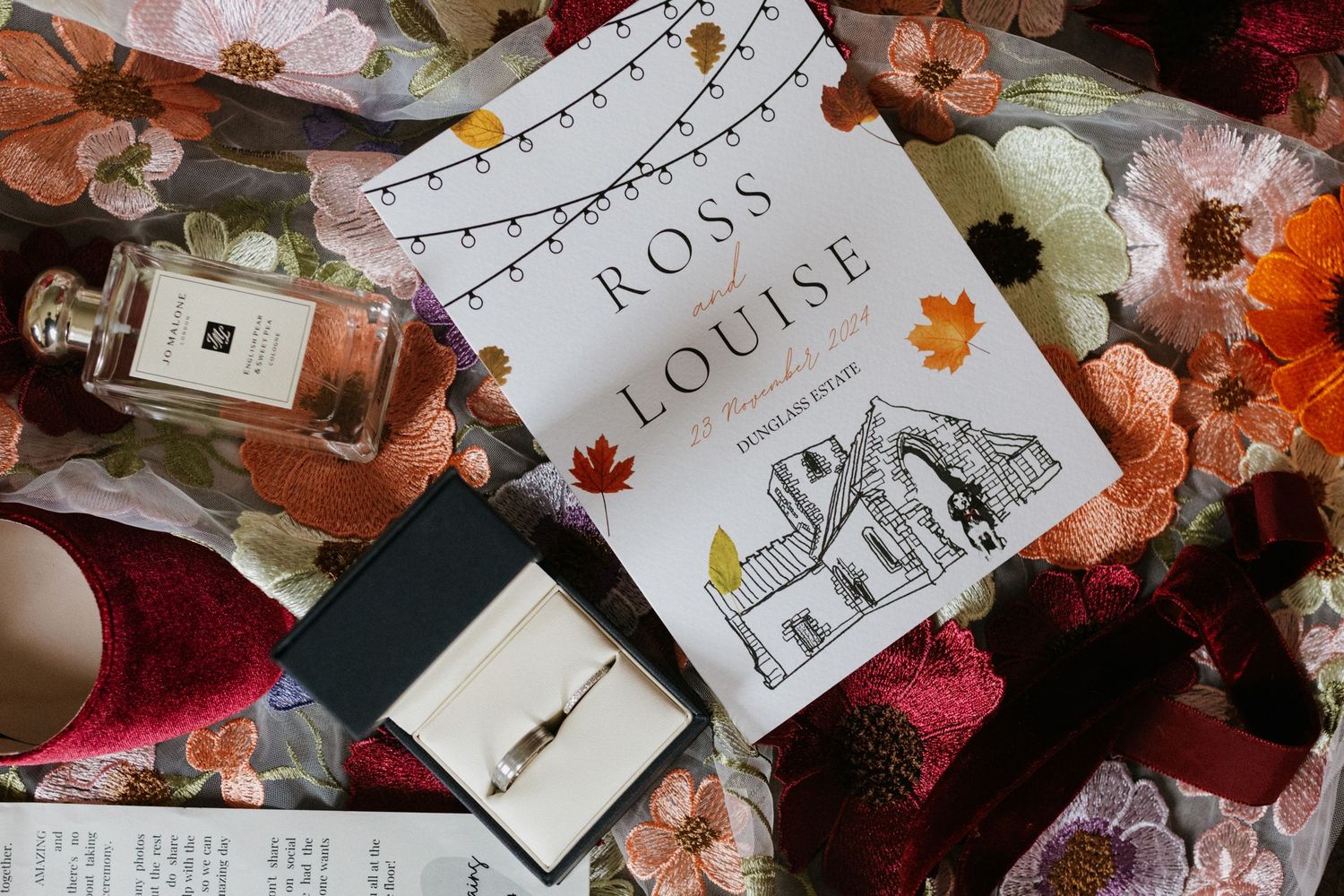 Wedding flatlay with Ross & Louise invitation, perfume bottle and floral decorations.