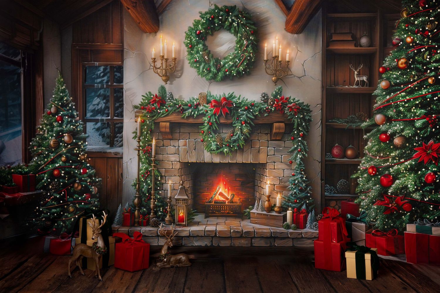 Elegant holiday decor with decorated Christmas trees, wreaths, lanterns and a cozy fireplace in a luxurious interior.